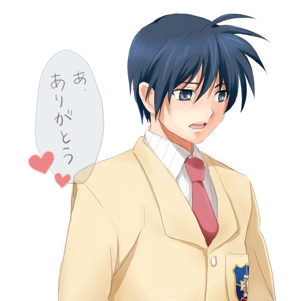 koyasu, okazaki tomoya, clannad, 00s, 1boy, blue eyes, blue hair, male focus, matching hair/eyes, school uniform, solo, white background
