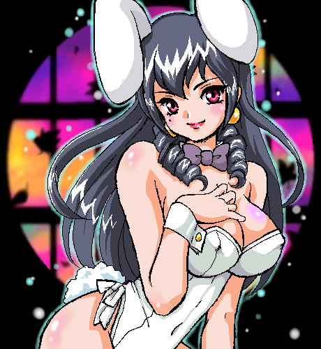 kisaragi miyuki, lowres, 1girl, animal ears, bare legs, black hair, drill hair, fake animal ears, female focus, long hair, playboy bunny, rabbit ears, red eyes, solo