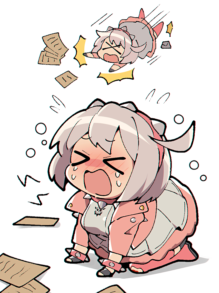 itsuka neru, elphelt valentine, guilty gear, guilty gear strive, commentary request, highres, > <, 1girl, black gloves, blood, blush, boots, breasts, bruise, chibi, closed eyes, crying, dress, fingerless gloves, flying sweatdrops, gloves, grey dress, grey hair, injury, jacket, large breasts, motion lines, nose blush, open clothes, open jacket, pink boots, pink jacket, shadow, short hair, simple background, speed lines, spikes, tears, thigh boots, tripping, white background