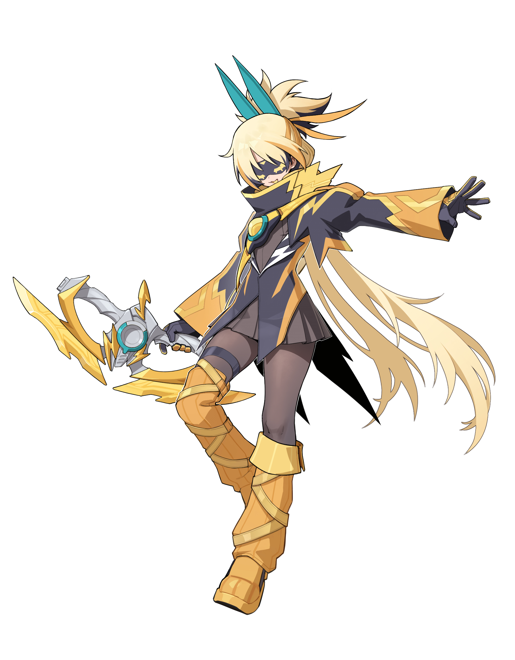 goz-zz, kamen rider zeztz, rider-tan, kamen rider, kamen rider zeztz (series), absurdres, commentary, highres, 1girl, black coat, black dress, black gloves, black hair, black pantyhose, blonde hair, boots, bow (weapon), capsems, coat, colored tongue, dress, genderswap, genderswap (mtf), gloves, holding, holding bow (weapon), holding weapon, long hair, long sleeves, multicolored hair, neck pillow, open mouth, pantyhose, pleated dress, rider belt, short dress, shoulder belt, simple background, sleep mask, very long hair, weapon, white background, yellow boots, yellow tongue, zeztz driver