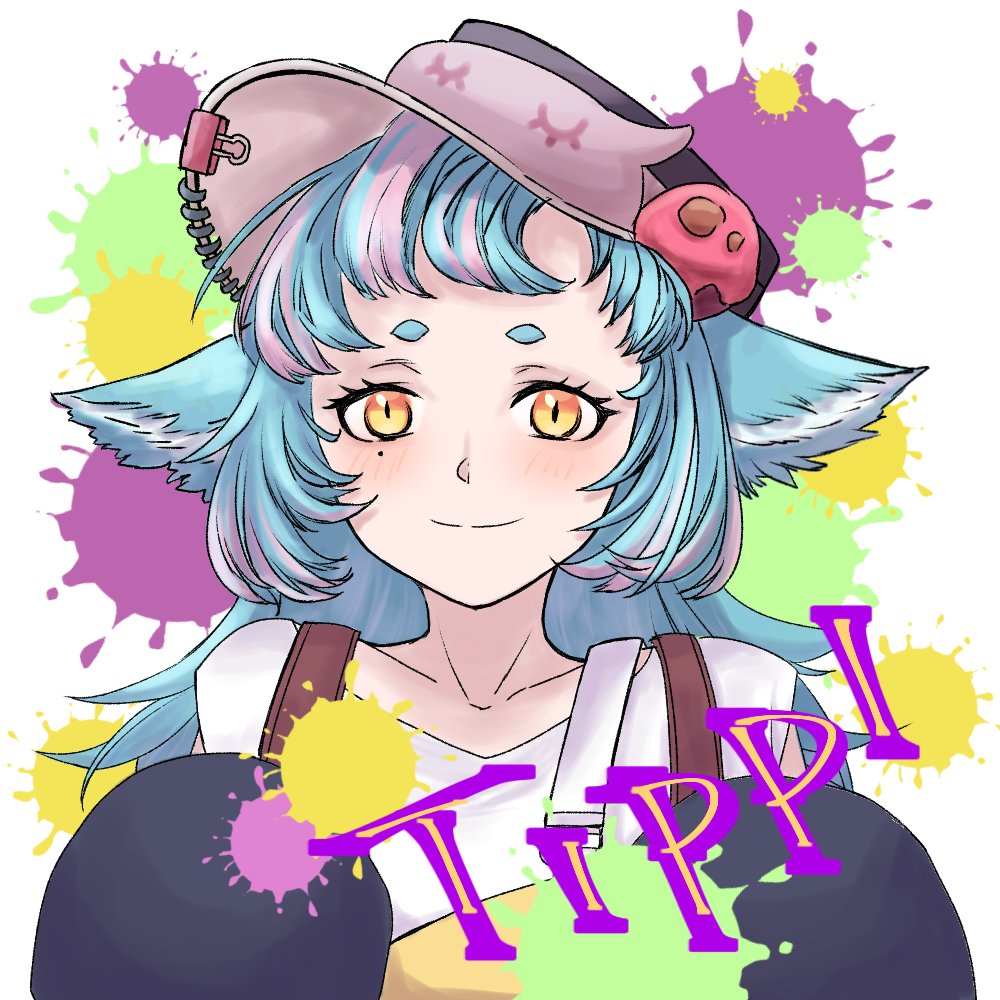 arknights, commentary request, 1girl, ainogenkotsu, animal ears, bird ears, bird girl, blue hair, blush, character name, hat, looking at viewer, mole, mole under eye, multicolored hair, paint splatter, pink hair, shirt, smile, solo, tippi (arknights), two-tone hair, white background, white shirt, yellow eyes