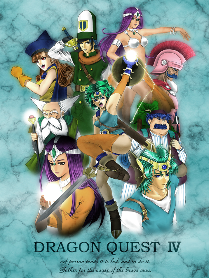 clarityblue, alena (dq4), brey, clift, hero (dq4), heroine (dq4), manya (dq4), minea (dq4), ryan (dq4), torneko, torneko taloon, chunsoft, dragon quest, dragon quest iv, enix, bad id, bad pixiv id, 4girls, 5boys, angry, armor, beard, bikini, bikini top only, blue eyes, boots, bracelet, brown eyes, brown hair, cape, circlet, crystal ball, curly hair, dancer's costume (dq), dress, energy ball, english text, engrish text, everyone, facial hair, gloves, green hair, hat, helmet, jewelry, loincloth, long hair, magic, multiple boys, multiple girls, mustache, necklace, open mouth, pelvic curtain, purple hair, ranguage, red eyes, shield, short hair, staff, swimsuit, sword, weapon