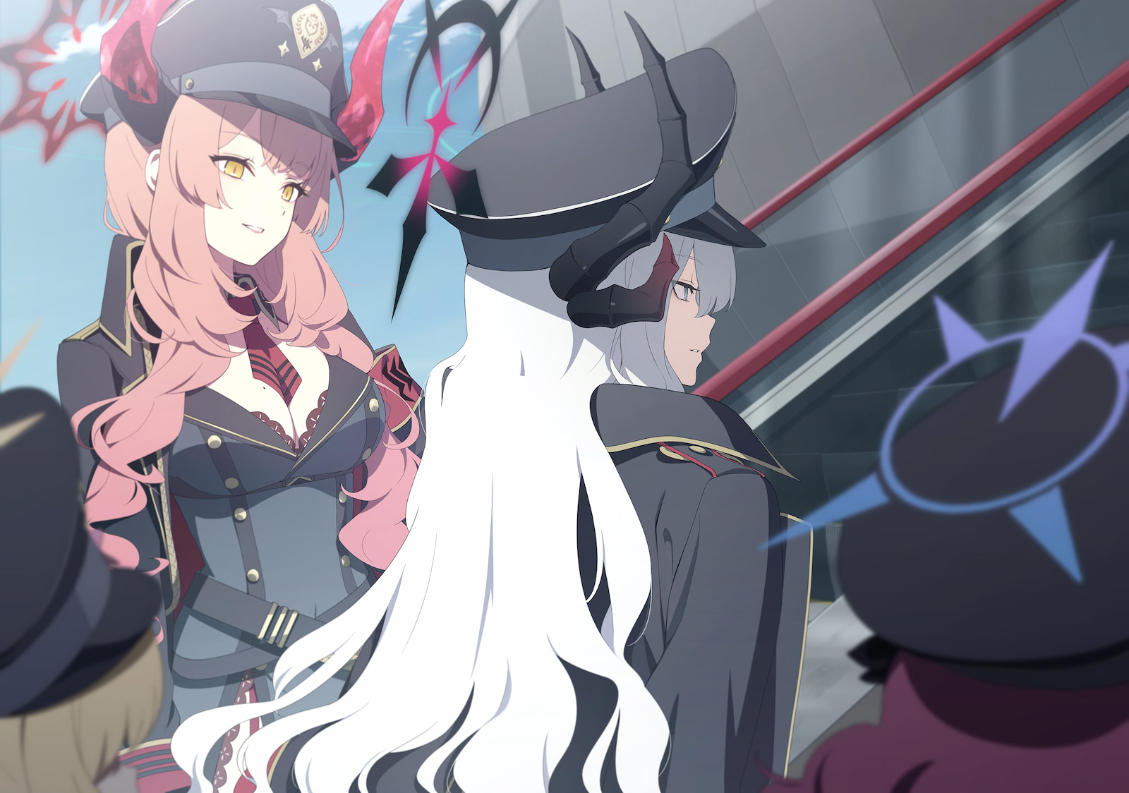 ibuki (blue archive), iroha (blue archive), makoto (blue archive), satsuki (blue archive), blue archive, artist request, game cg, highres, non-web source, official art, 4girls, black coat, black halo, black hat, black jacket, blonde hair, blue eyes, blue halo, bra, bra peek, breasts, cleavage, coat, coat on shoulders, demon girl, demon horns, detached collar, grey hair, halo, hat, horns, jacket, large breasts, long hair, multiple girls, necktie, open clothes, open coat, parted lips, peaked cap, pink hair, red hair, red halo, red necktie, underwear, yellow eyes