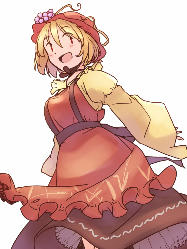 rangycrow, aki minoriko, touhou, commentary, 1girl, :d, apron, black ribbon, black skirt, blonde hair, breasts, feet out of frame, from below, grape hat ornament, hat, juliet sleeves, large breasts, light blush, long sleeves, looking to the side, mob cap, neck ribbon, open mouth, petticoat, puffy sleeves, red apron, red eyes, red hat, ribbon, shirt, short hair, simple background, skirt, smile, solo, wheat print, white background, yellow shirt
