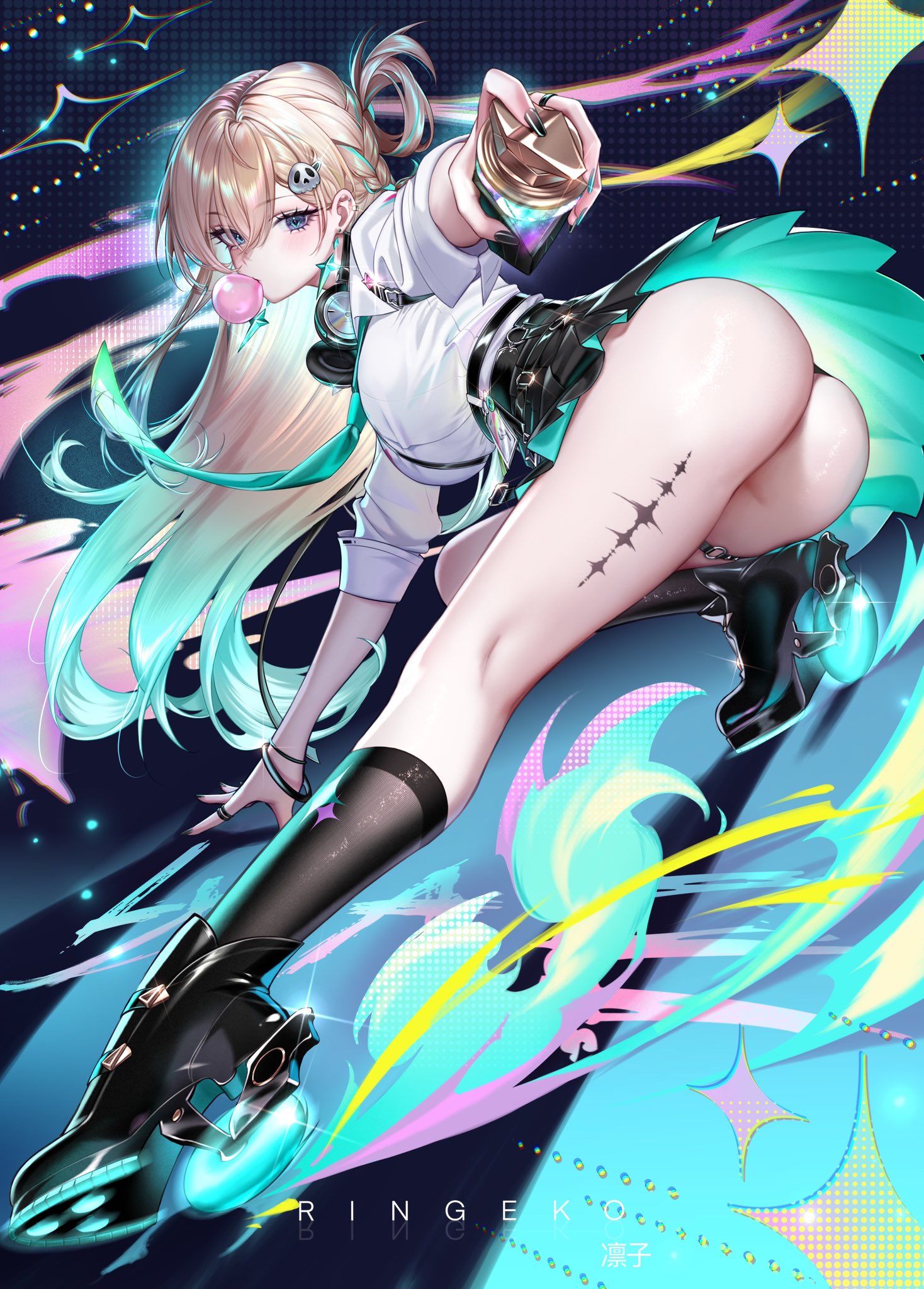 ringeko-chan, lynae (wuthering waves), wuthering waves, commentary, highres, symbol-only commentary, 1girl, aqua hair, artist name, ass, black nails, black skirt, black socks, blonde hair, blowing bubble gum, blue eyes, chewing gum, earrings, fingernails, full body, gradient hair, hair ornament, headphones, headphones around neck, id card, jewelry, kneepits, leaning forward, long fingernails, long hair, looking at viewer, looking to the side, multicolored hair, nail polish, shirt, shirt tucked in, skirt, skull hair ornament, socks, solo, star (symbol), star earrings, tacet mark (wuthering waves), thighs, very long hair, white shirt
