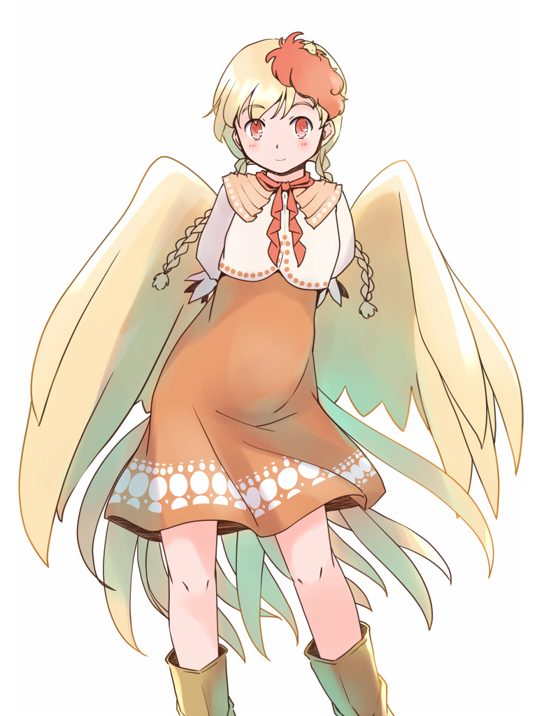rangycrow, niwatari kutaka, touhou, commentary request, 1girl, alternate hairstyle, arms behind back, bird tail, bird wings, blonde hair, blush, boots, braid, brown boots, capelet, feet out of frame, high-waist skirt, knees, long hair, long sleeves, looking at viewer, neck ribbon, orange capelet, orange skirt, red eyes, red ribbon, ribbon, simple background, skirt, smile, solo, tail, twin braids, vest, white background, white vest, wings