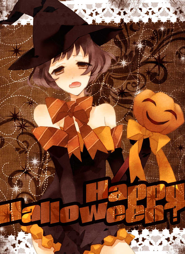 tyouzetu b gata, akizuki ryo, idolmaster, idolmaster dearly stars, bad id, bad pixiv id, 00s, 1boy, bare shoulders, blush, bow, brown eyes, brown hair, crossdressing, crossdressing (mtf), halloween, happy halloween, hat, jack-o'-lantern, male focus, open mouth, pumpkin, smile, solo, trap, witch hat