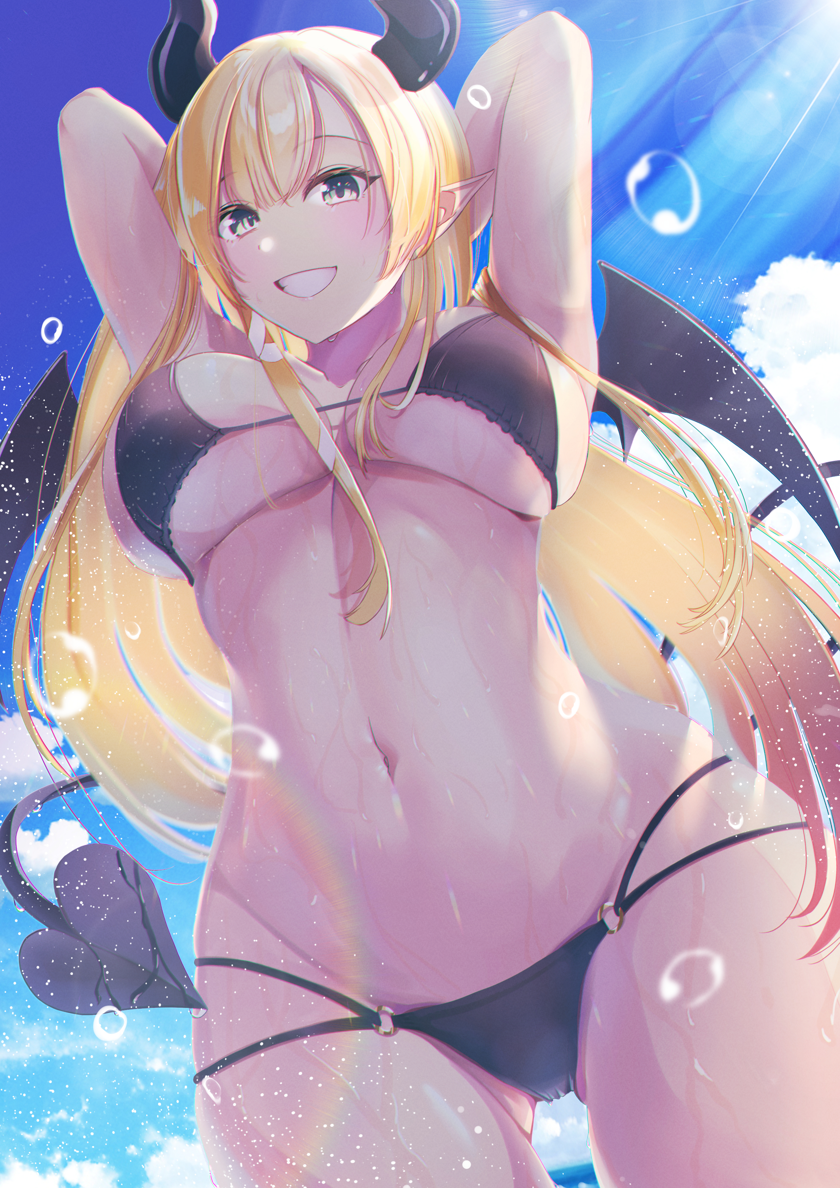 oekaki zombie, yuzuki choco, hololive, absurdres, commentary request, highres, 1girl, arms up, bikini, black bikini, black horns, blonde hair, blue sky, breasts, cloud, demon girl, demon horns, demon tail, demon wings, gradient hair, horns, large breasts, long hair, midriff, multicolored hair, navel, pink hair, pointy ears, sky, smile, solo, swimsuit, tail, underboob, virtual youtuber, wading, water, wet, wings