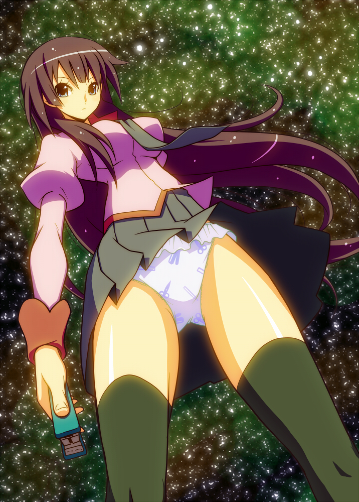 shirono, senjougahara hitagi, bakemonogatari, monogatari (series), 00s, 1girl, breasts, female focus, from below, panties, solo, stapler, star (sky), thighhighs, underwear