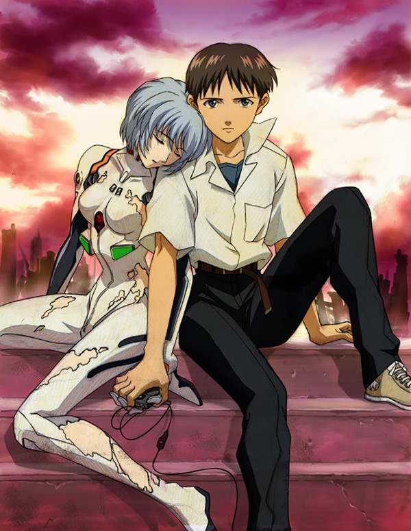 ayukko (forest village), ayanami rei, ikari shinji, evangelion: 2.0 you can (not) advance, neon genesis evangelion, rebuild of evangelion, 00s, 1boy, 1girl, belt, blue hair, bodysuit, brown hair, closed eyes, glaring, head on another's shoulder, hetero, holding hands, mecha pilot suit, plugsuit (evangelion), serious, shoes, short hair, sitting, sitting on stairs, sneakers, stairs, torn clothes