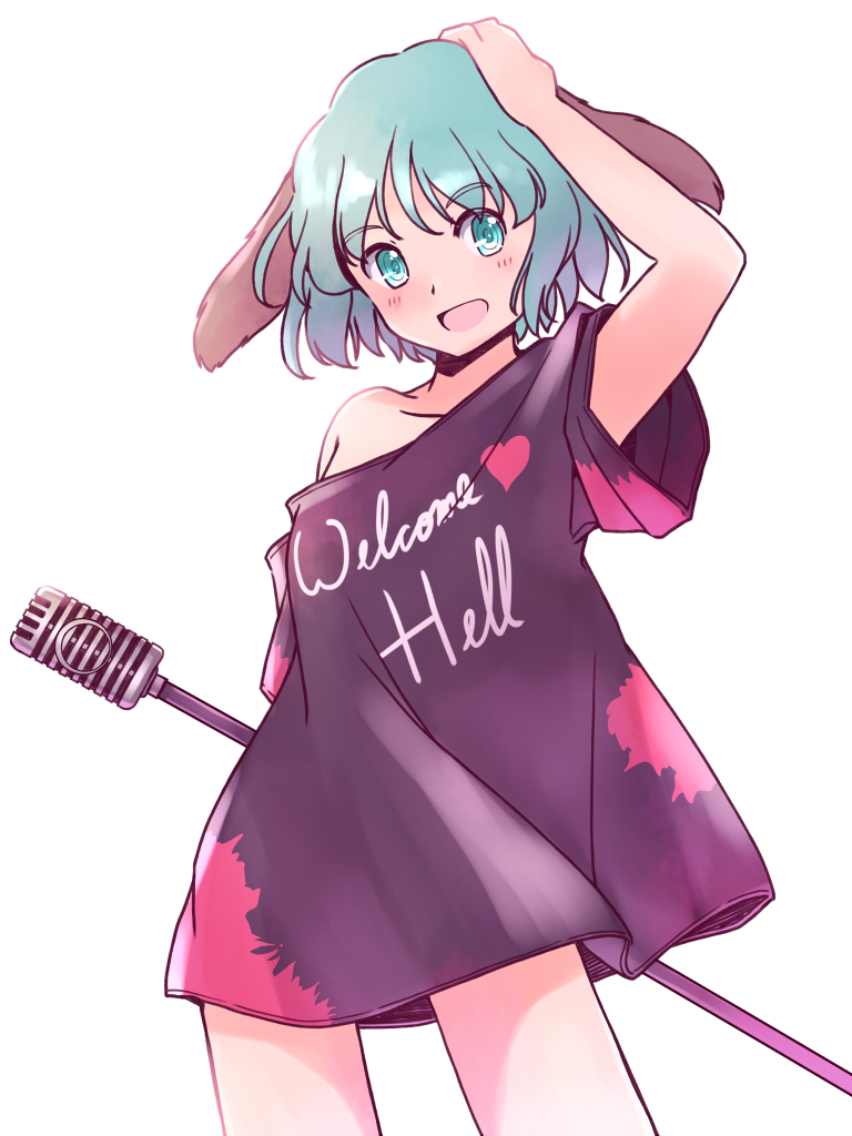 rangycrow, kasodani kyouko, touhou, commentary request, 1girl, :d, animal ears, black shirt, blush, dog ears, feet out of frame, green eyes, green hair, hand on own head, holding, holding microphone stand, microphone stand, open mouth, shirt, short hair, simple background, single bare shoulder, single off shoulder, smile, solo, white background