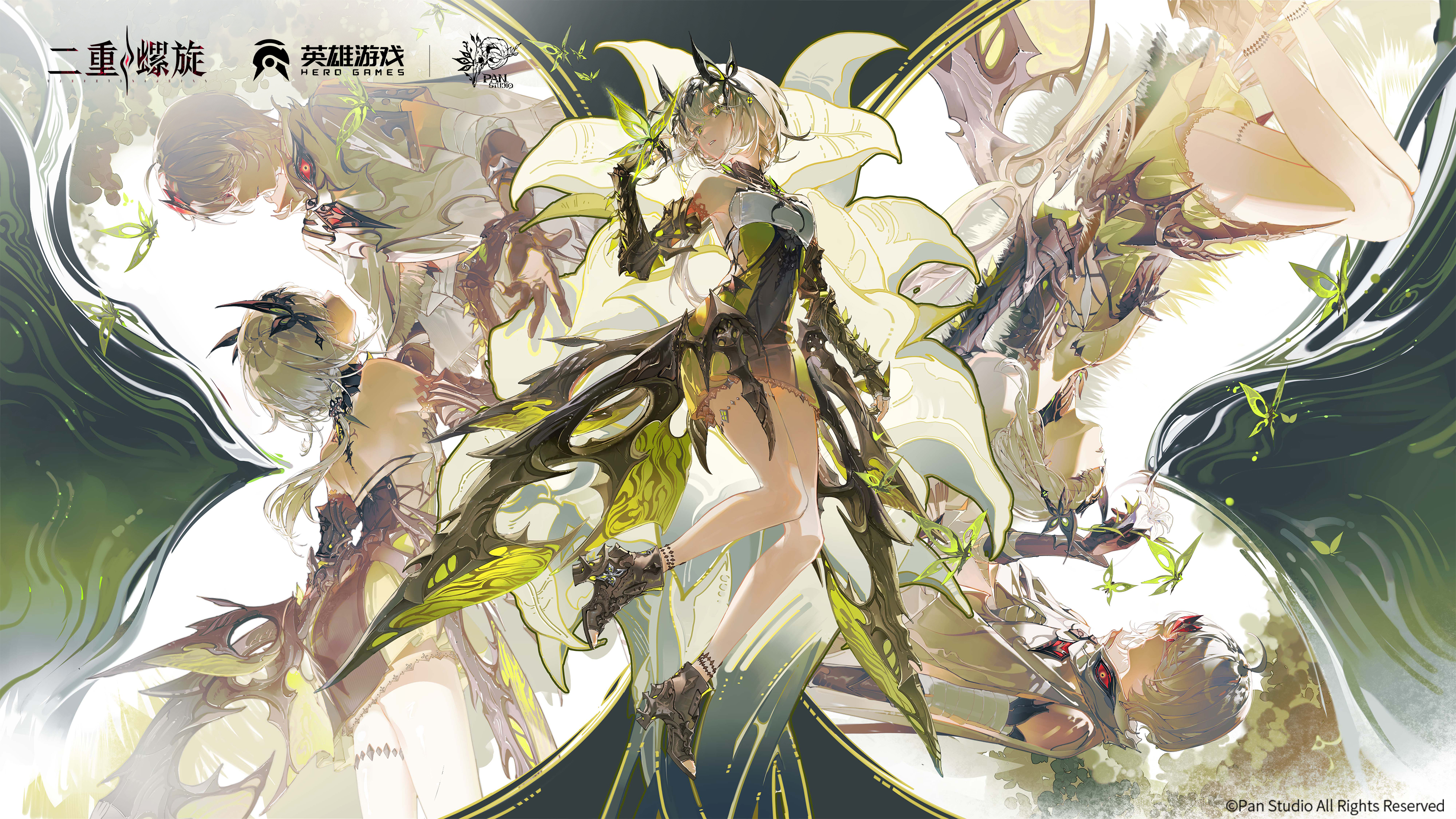 phoxhunter (duet night abyss), psyche (duet night abyss), the boy in the dream (duet night abyss), the girl in the dream (duet night abyss), duet night abyss, absurdres, highres, official art, 1boy, 2girls, black gloves, black shoes, breasts, bug, butterfly, company name, copyright logo, copyright name, copyright notice, dress, flower, full body, gloves, hair ornament, insect, logo, looking at another, multiple girls, ponytail, red eyes, shoes, watermark, white flower, white hair, yellow eyes