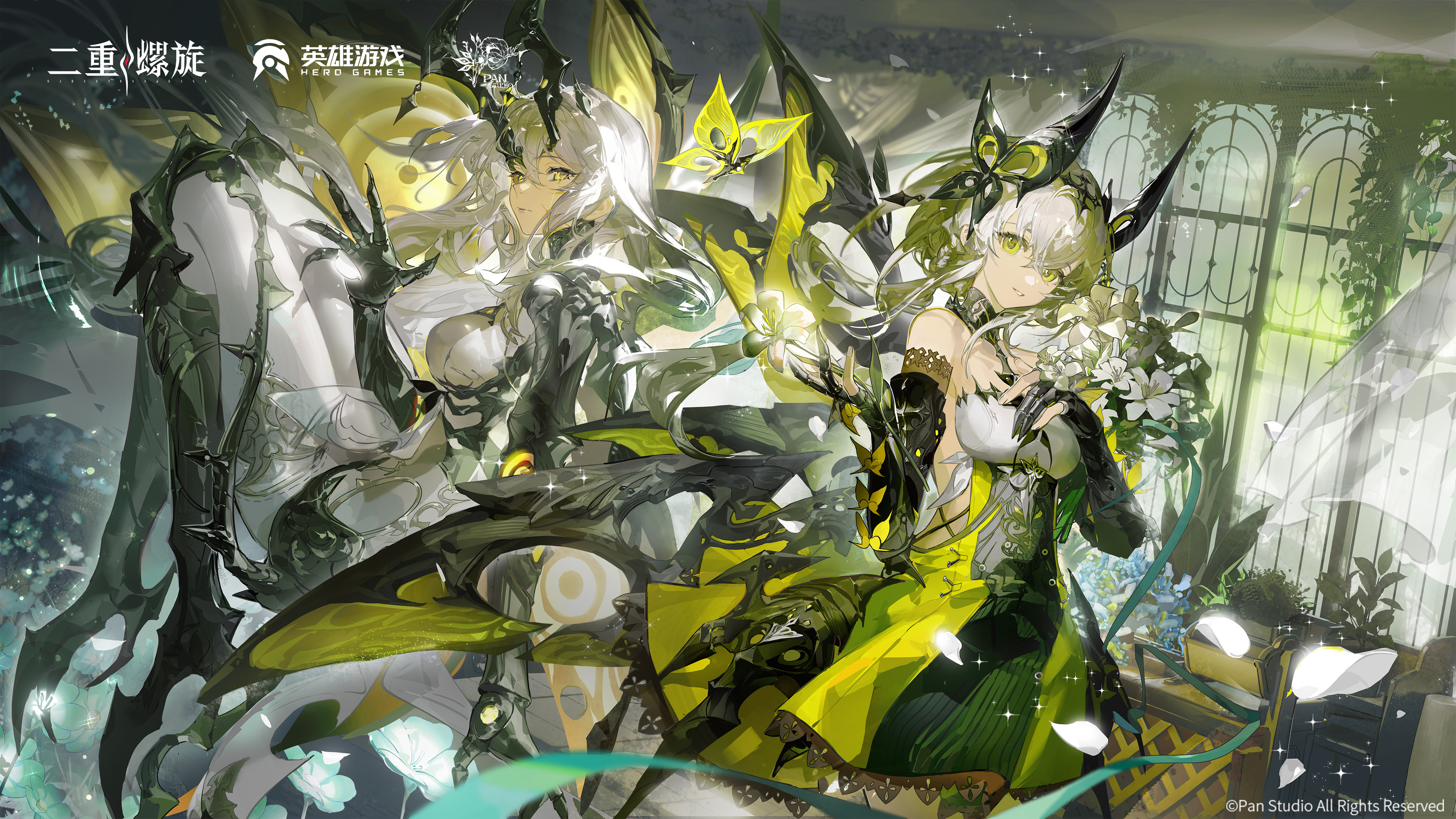 psyche (duet night abyss), duet night abyss, absurdres, highres, official art, 2girls, black horns, bodysuit, breasts, company name, copyright logo, copyright name, copyright notice, dress, dual persona, flower, hair between eyes, hair ornament, horns, large breasts, logo, long hair, multiple girls, petals, watermark, white bodysuit, white flower, white hair, window, yellow eyes