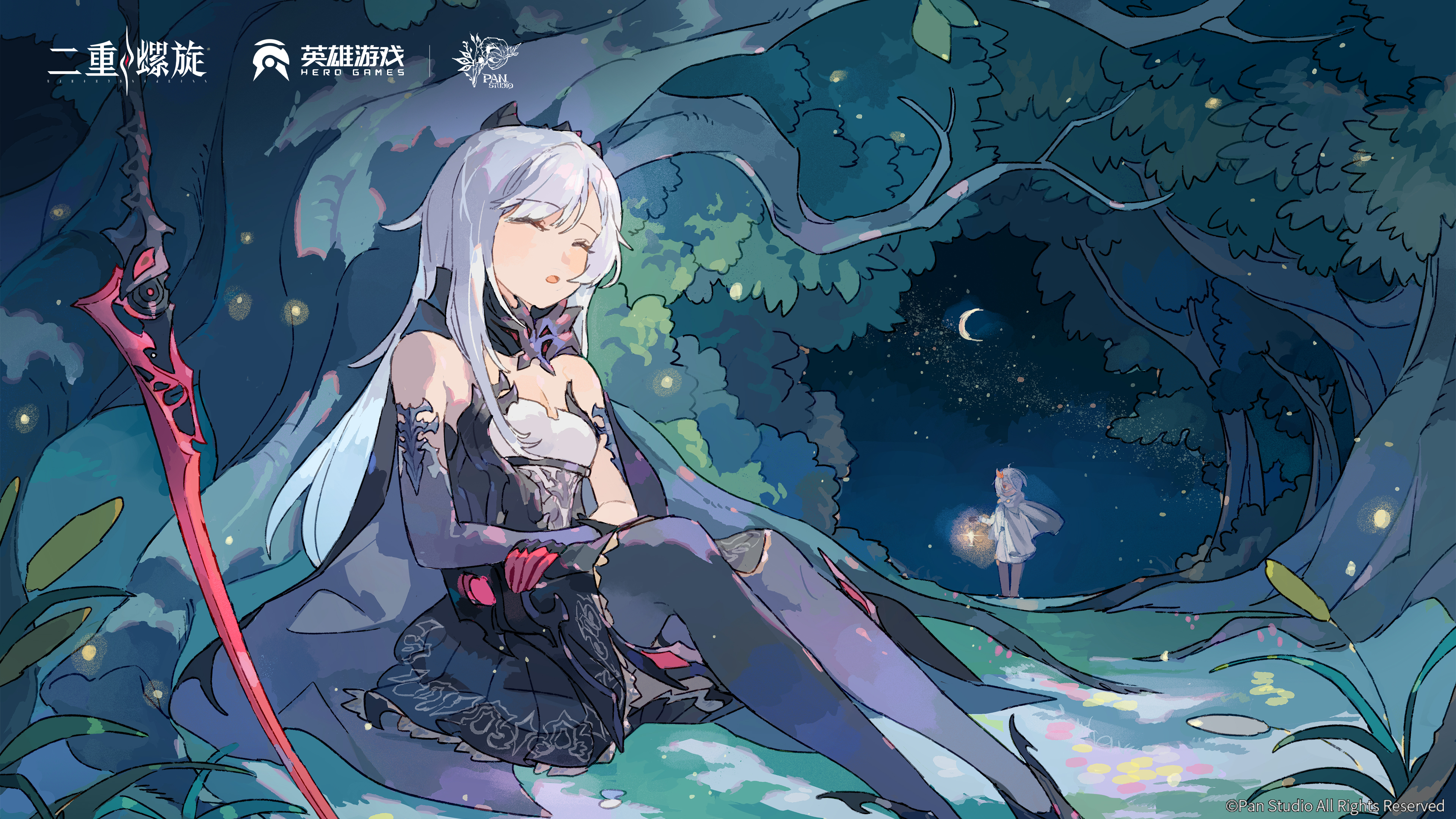 berenica (duet night abyss), phoxhunter (duet night abyss), the girl in the dream (duet night abyss), duet night abyss, absurdres, highres, official art, 2girls, :o, black pantyhose, bug, cattail, closed eyes, company name, copyright logo, copyright name, copyright notice, crescent moon, dress, firefly, hair ornament, holding, holding lantern, insect, lantern, logo, long hair, moon, multiple girls, night, outdoors, pantyhose, plant, sitting, sleeping, solo focus, star (symbol), sword, watermark, weapon, white hair