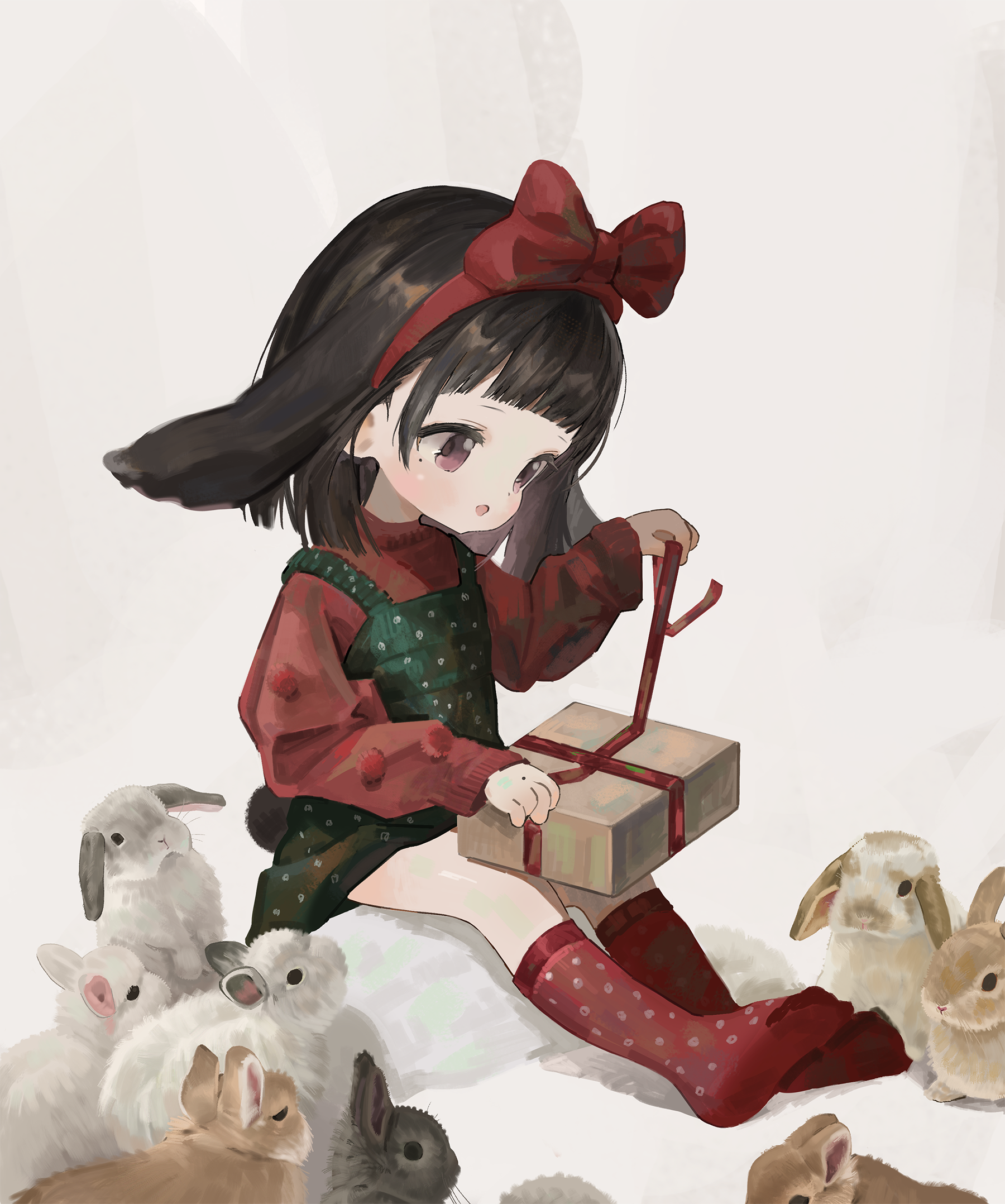 doubutsunoujyou, original, commentary request, highres, 1girl, animal, animal ears, arched bangs, black hair, bow, christmas, christmas present, dress, droopy ears, gift, green dress, grey background, hair bow, kneehighs, medium hair, open mouth, pinafore dress, purple eyes, rabbit, rabbit ears, rabbit girl, red bow, red shirt, red socks, shirt, sitting, sleeveless, sleeveless dress, socks, solo