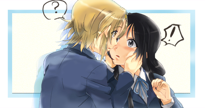 hareta, seita, akiyama mio, tainaka ritsu, k-on!, bad id, bad pixiv id, !, 00s, 2girls, ?, black eyes, black hair, brown eyes, brown hair, long hair, multiple girls, school uniform, short hair, yuri