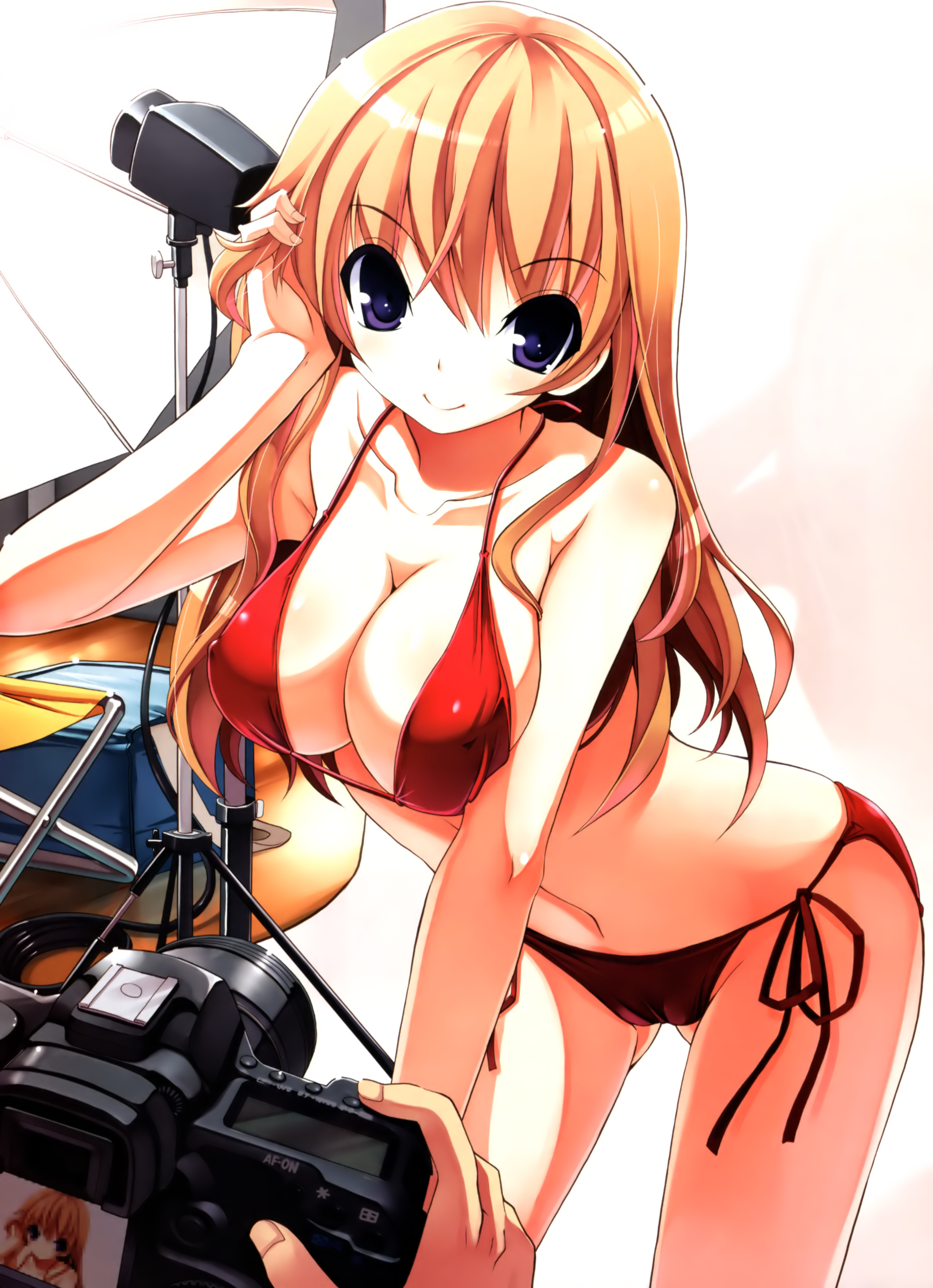 tsurugi hagane, absurdres, highres, 1girl, adjusting hair, bikini, breasts, brown hair, cameltoe, camera, cleavage, covered erect nipples, female focus, large breasts, long hair, side-tie bikini bottom, smile, solo, swimsuit