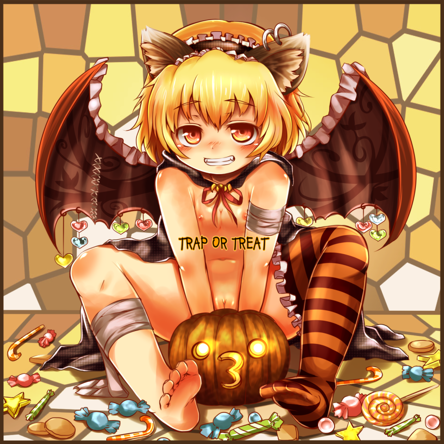rihhi, houjou satoko, higurashi no naku koro ni, bad id, bad pixiv id, 00s, 1girl, alternate wings, animal ears, bandages, barefoot, blonde hair, breasts, candy, candy cane, cape, cleavage, cleft of venus, earrings, fangs, feet, female focus, flat chest, food, grin, halloween, hat, jack-o'-lantern, jewelry, loli, mosaic background, nipples, o3o, orange thighhighs, pumpkin, pussy, short hair, single thighhigh, small breasts, smile, solo, spread legs, striped clothes, striped thighhighs, thighhighs, trick or treat, uncensored, wings, yellow eyes