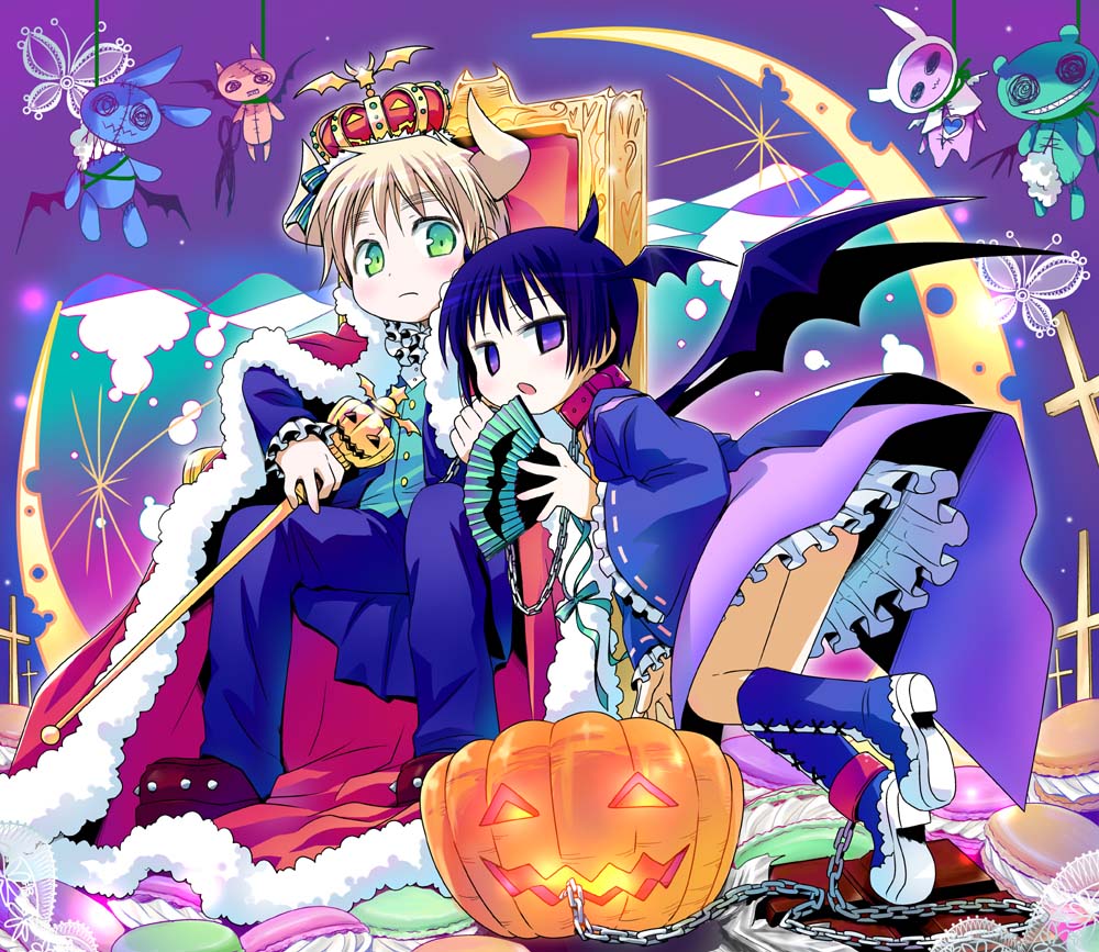 amimi, japan (hetalia), united kingdom (hetalia), axis powers hetalia, 00s, 2boys, blonde hair, full body, green eyes, halloween, hat, head wings, jack-o'-lantern, male focus, multiple boys, pumpkin, purple background, purple eyes, purple hair, thick eyebrows, wings