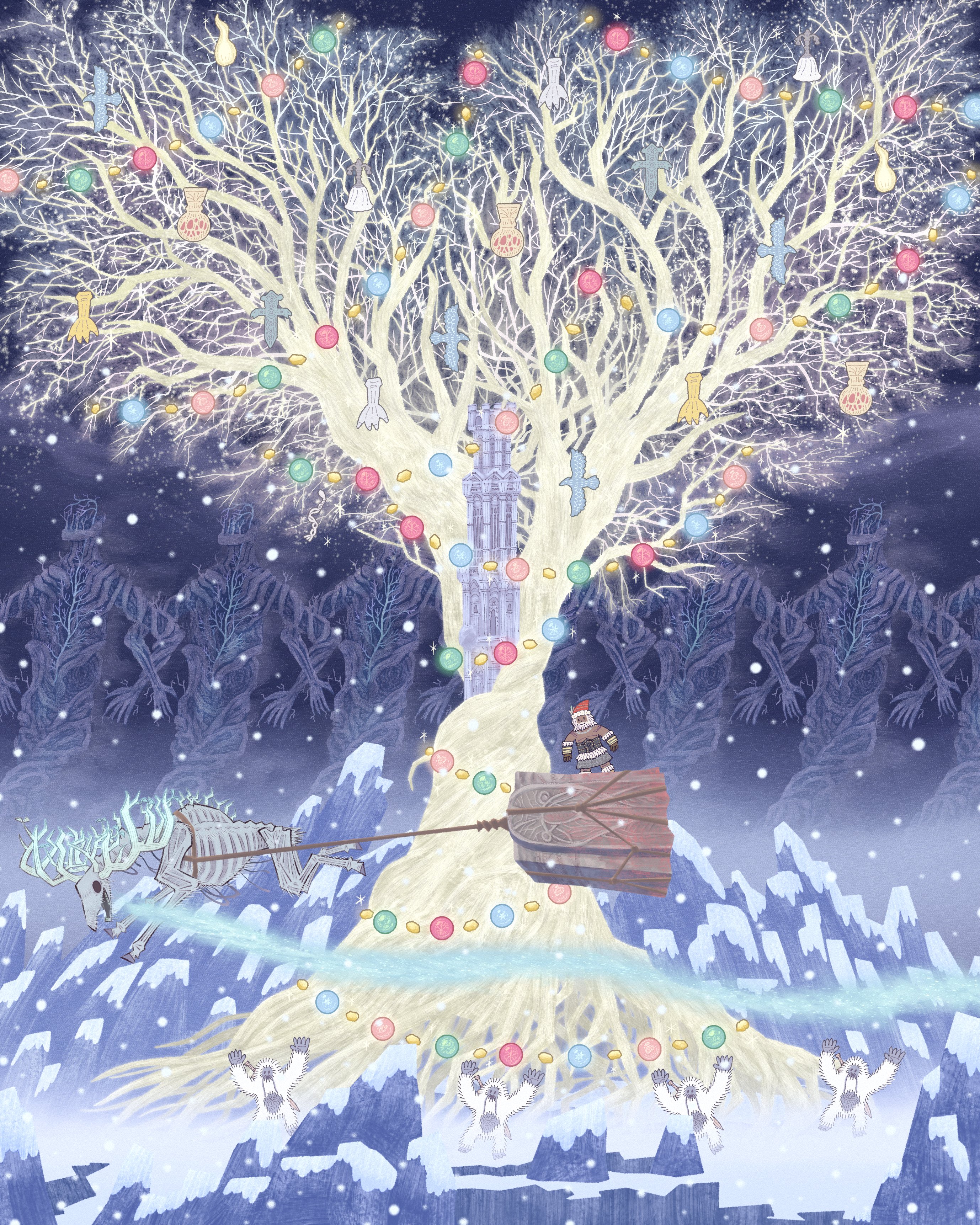 bibuo, raider (elden ring), regal ancestor spirit (elden ring), troll (elden ring), elden ring, elden ring nightreign, absurdres, commentary, highres, symbol-only commentary, 1boy, 6+others, bird, christmas, christmas ornaments, christmas tree, eagle, giant, mountain, multiple others, reindeer, santa costume, scenery, sleigh, snow, tower, tree