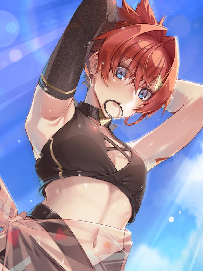 taman324, ange katrina, nijisanji, commentary request, commission, cropped, skeb commission, 1girl, alternate costume, armpits, arms up, bikini, black bikini, black sleeves, blue eyes, blue sky, blush, breasts, cleavage cutout, clothing cutout, crossed bangs, day, detached sleeves, earrings, folded ponytail, gold earrings, gradient eyes, hair behind ear, hair intakes, hair ornament, hair tie in mouth, halterneck, jewelry, lens flare, light rays, lips, long bangs, looking at viewer, looking down, mouth hold, multicolored eyes, navel, outdoors, purple eyes, red hair, sarong, see-through clothes, see-through sarong, shoulder tattoo, single bare arm, single sleeve, sky, small breasts, solo, sunbeam, sunlight, swimsuit, tattoo, triangle earrings, triangle hair ornament, upper body, virtual youtuber, wet