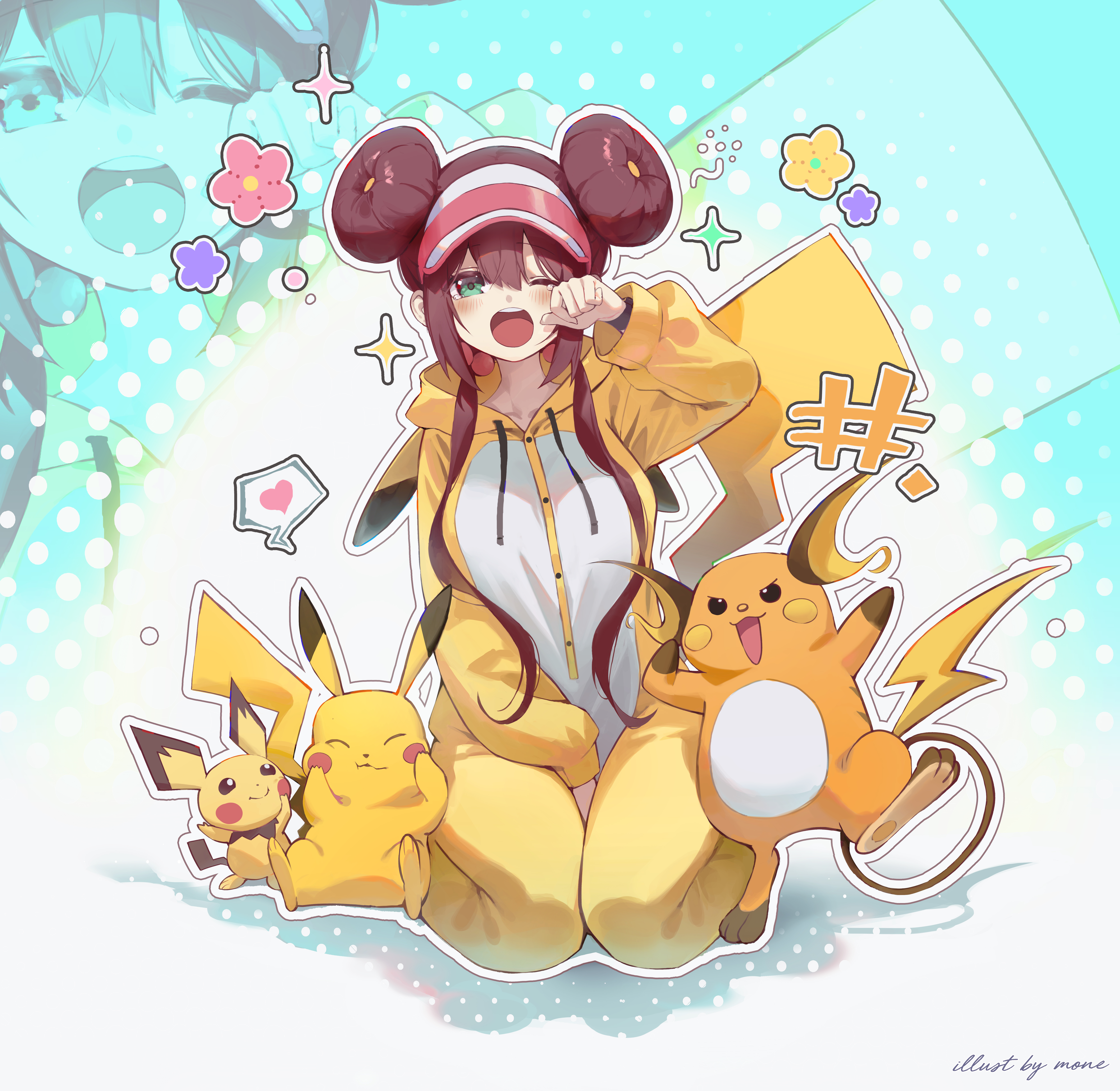 jinbin825, pichu, pikachu, raichu, rosa (pokemon), nintendo, pokemon, pokemon bw2, absurdres, commentary request, highres, 1girl, alternate costume, brown hair, double bun, flower symbol, gen 1 pokemon, gen 2 pokemon, green eyes, hair bun, hair over shoulder, hand up, happy, long hair, long sleeves, looking at viewer, one eye closed, onesie, open mouth, outline, pokemon (creature), signature, sitting, sparkle, teeth, upper teeth only, visor cap