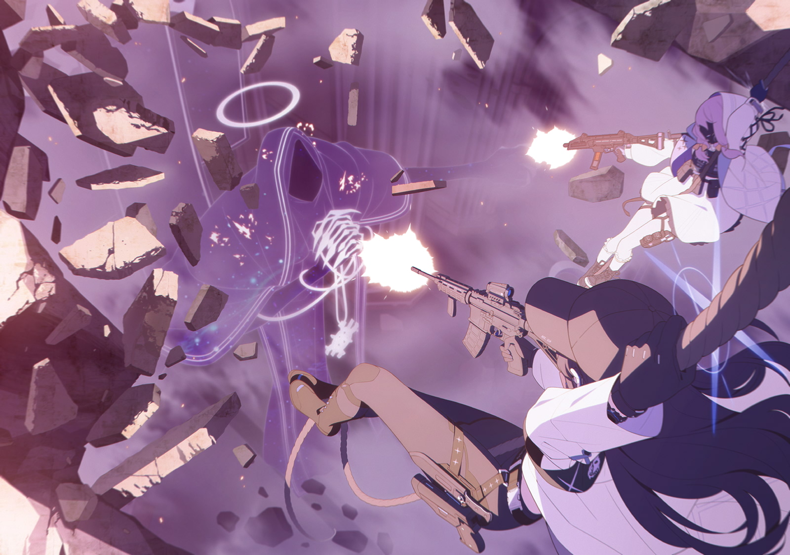 atsuko (blue archive), hieronymus (blue archive), saori (blue archive), blue archive, artist request, game cg, highres, non-web source, official art, 2girls, assault rifle, baseball cap, black boots, black hair, black hat, black pants, black shoes, blue halo, boots, bulletproof vest, firing, gun, halo, hat, holding, holding gun, holding rope, holding weapon, hood, hood up, jacket, kneehighs, mask, multiple girls, open clothes, open jacket, pants, purple hair, purple halo, rifle, rope, shoes, socks, submachine gun, weapon, white jacket, white socks