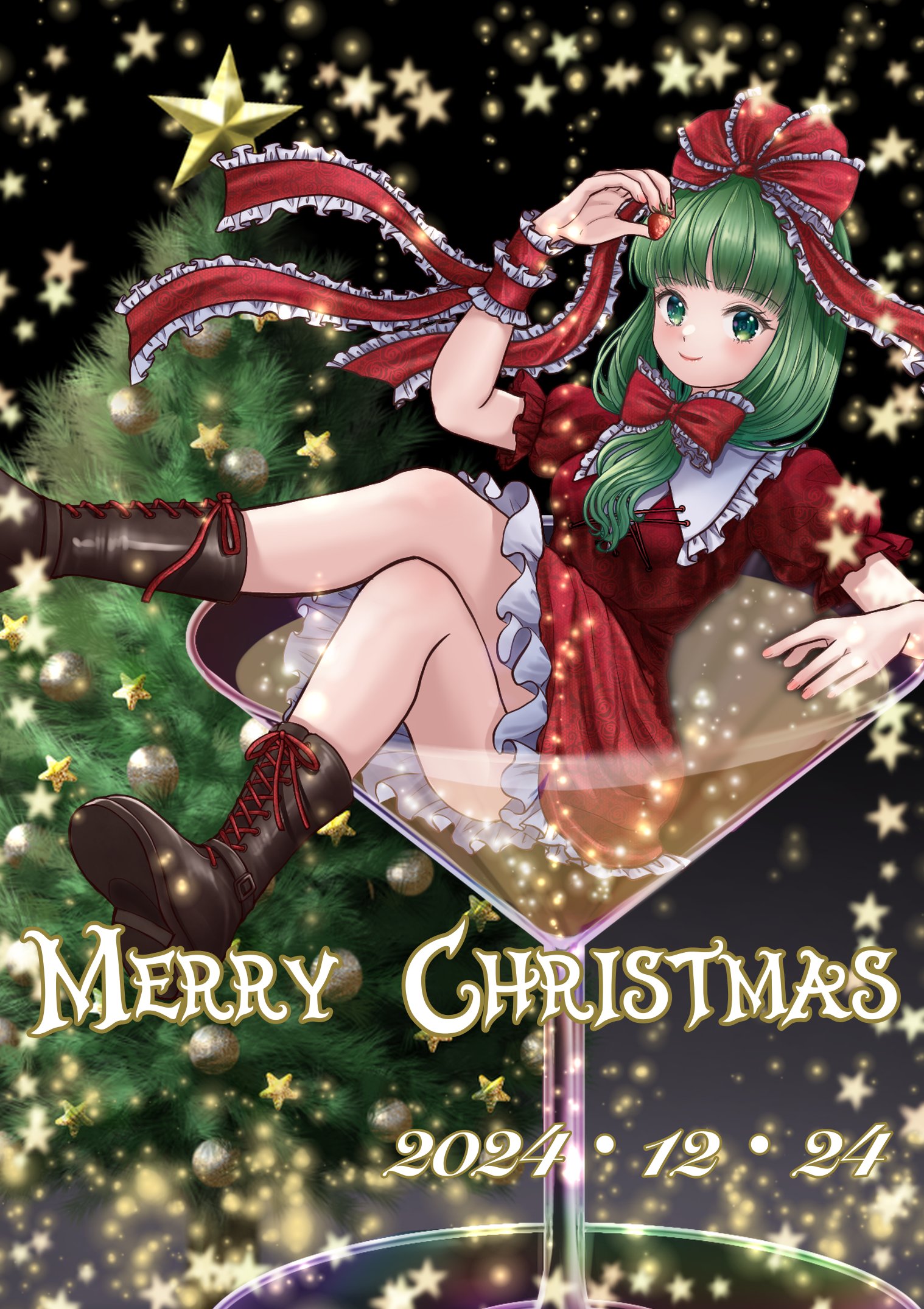 kyabekko, kagiyama hina, touhou, commentary, english commentary, highres, revision, 1girl, boots, bow, breasts, brown boots, closed mouth, crossed legs, cup, dress, drinking glass, food, frilled bow, frilled ribbon, frills, fruit, green eyes, green hair, hair bow, hair ribbon, holding, holding food, holding fruit, in container, in cup, lace-up boots, looking at viewer, merry christmas, puffy short sleeves, puffy sleeves, red bow, red dress, red ribbon, ribbon, short sleeves, smile, solo, star (symbol), strawberry, wrist ribbon
