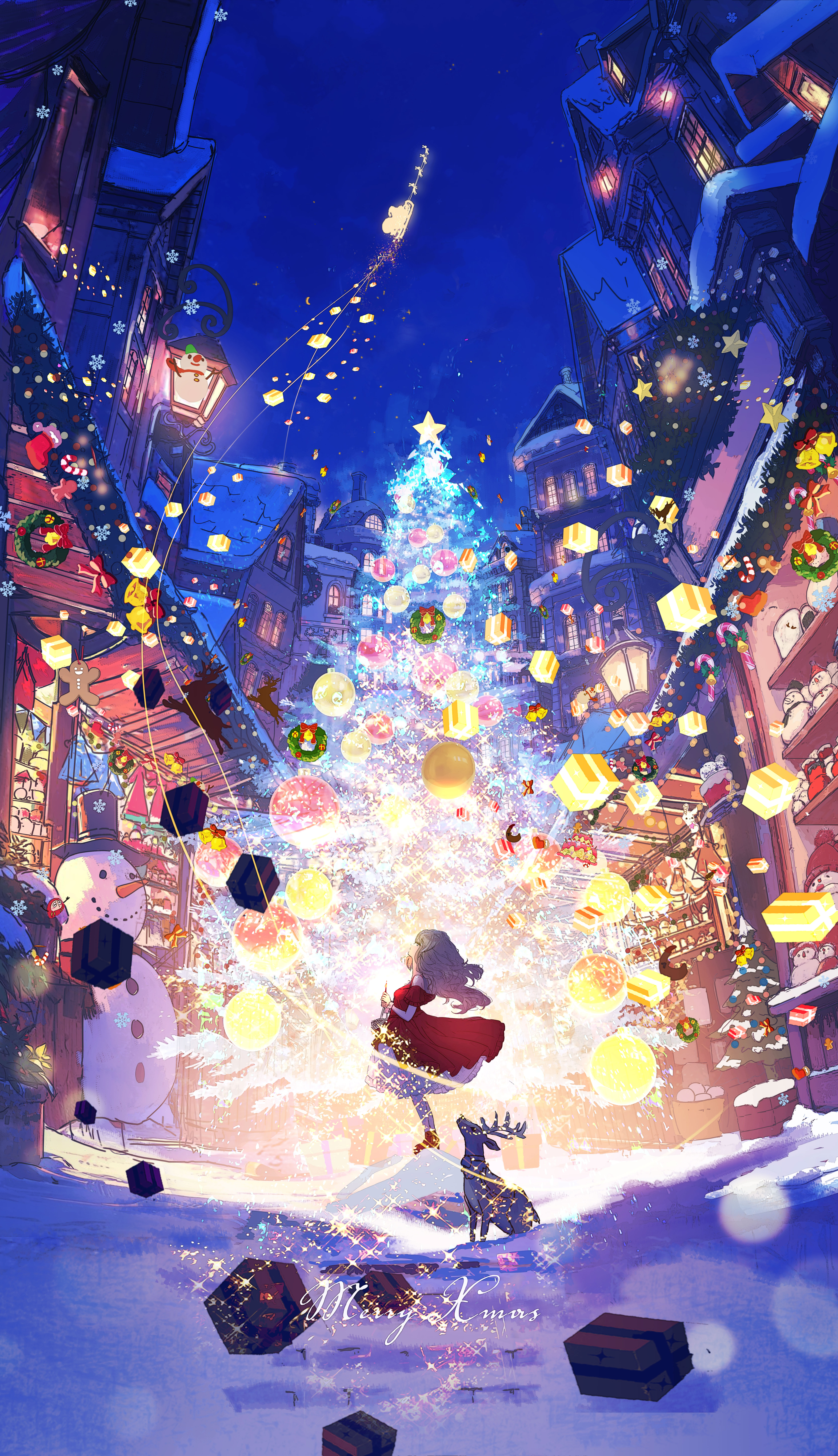 makoron117117, little match girl, original, absurdres, commentary request, highres, 1girl, blue sky, building, candle, christmas, christmas present, christmas tree, christmas wreath, deer, dress, english text, from side, gift, gingerbread man, grey hair, holding, holding candle, lamp, long hair, merry christmas, night, outdoors, red dress, short sleeves, sky, sleigh, snowman, solo, standing, urban, wide shot, wreath