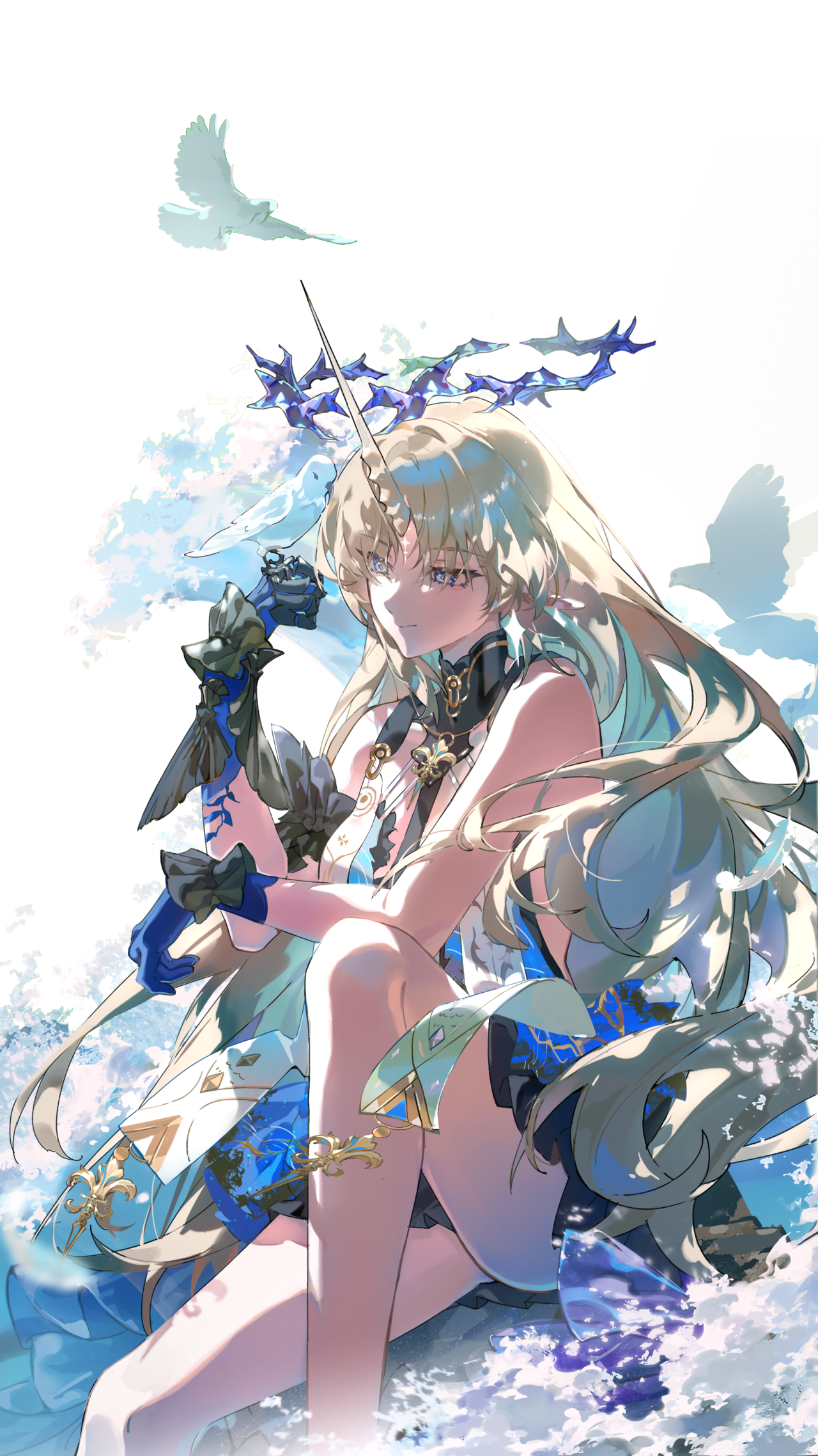 kaekaeki, fleurdelys (wuthering waves), wuthering waves, chinese commentary, commentary request, highres, official art, 1girl, bare legs, bare shoulders, bird, bird on hand, black collar, black dress, blonde hair, blue eyes, blue hair, closed mouth, collar, colored inner hair, copyright notice, crown of thorns, dress, feet out of frame, hand up, horns, jewelry, knee up, legs, long hair, long horns, multicolored hair, necklace, pointy ears, single horn, sitting, solo, tabard, tacet mark (wuthering waves), thighs, very long hair, white bird, white tabard, yellow horns