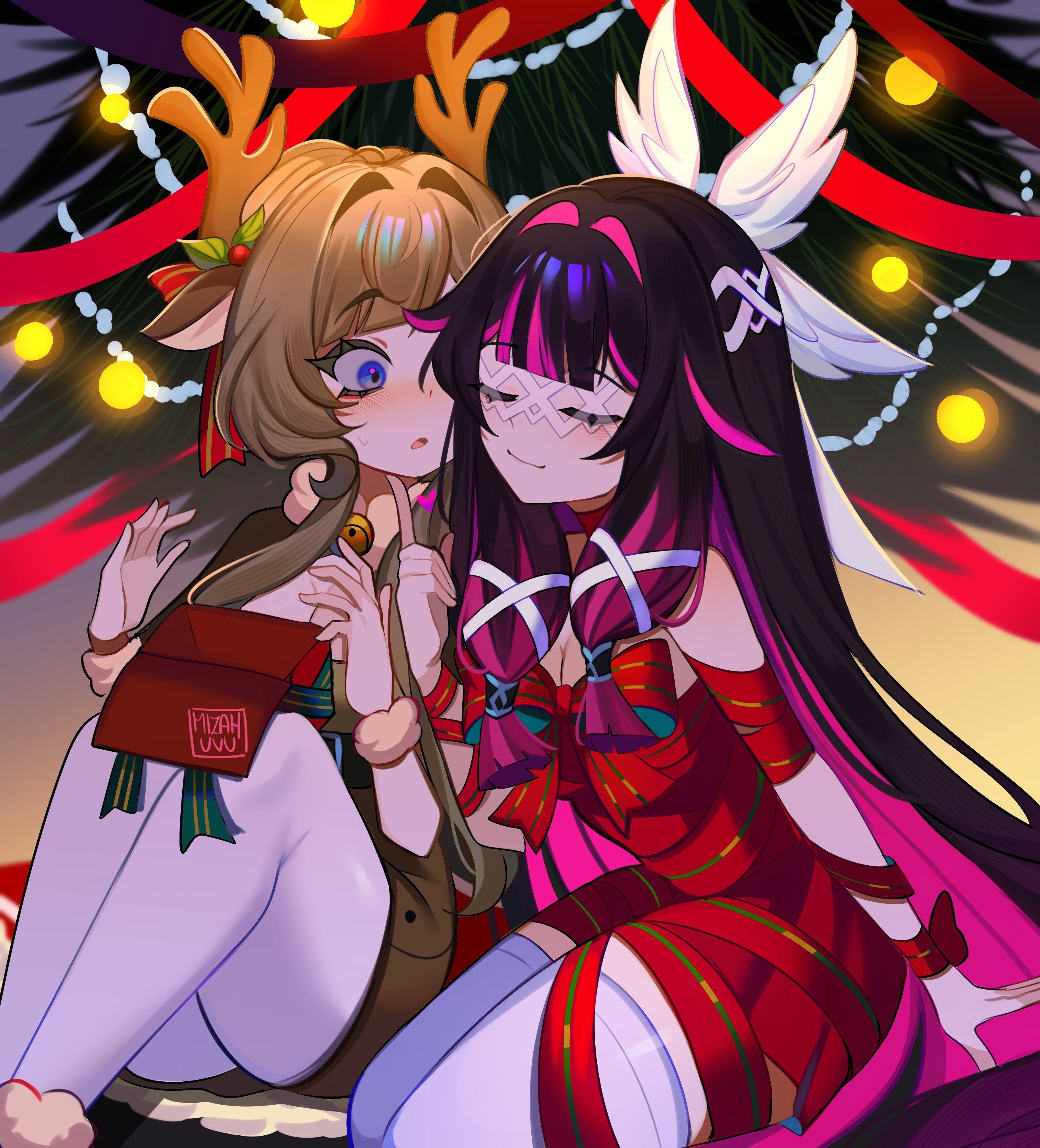 mizah (mizah), columbina (genshin impact), sandrone (genshin impact), genshin impact, absurdres, commentary, english commentary, highres, blue eyes, brown hair, christmas, christmas tree, gift, horns, shy, smile, teasing, wings