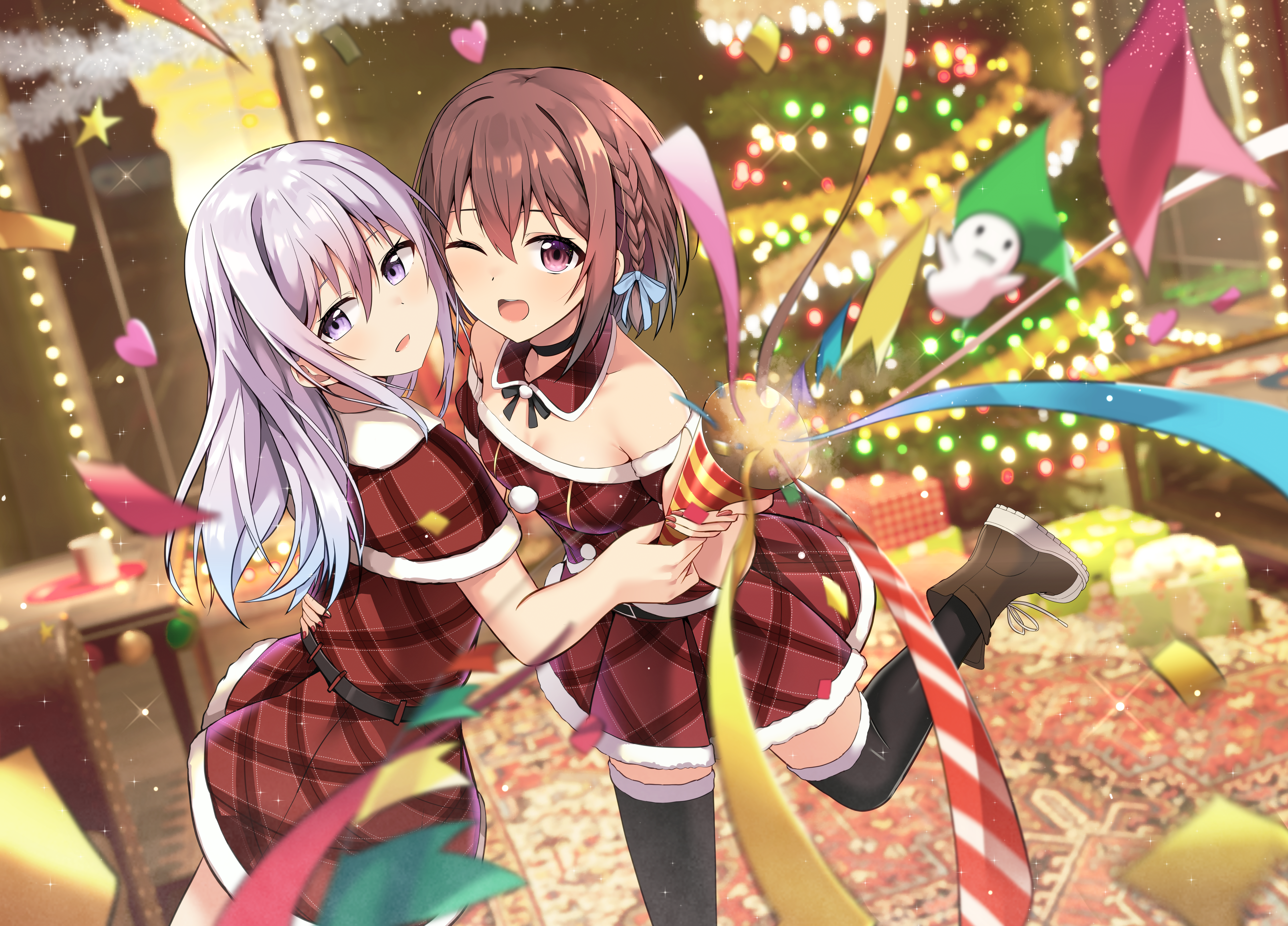cac itinose, original, absurdres, commentary request, highres, 2girls, ;d, bare shoulders, black thighhighs, blurry, blurry background, boots, braid, breasts, brown boots, brown capelet, brown dress, brown hair, capelet, cleavage, confetti, depth of field, dress, grey hair, hair between eyes, hand on another's waist, long hair, multiple girls, nail polish, off-shoulder dress, off shoulder, one eye closed, open mouth, party popper, plaid capelet, plaid clothes, plaid dress, pleated dress, purple eyes, red eyes, red nails, small breasts, smile, standing, standing on one leg, streamers, string of flags, thighhighs, thighhighs under boots