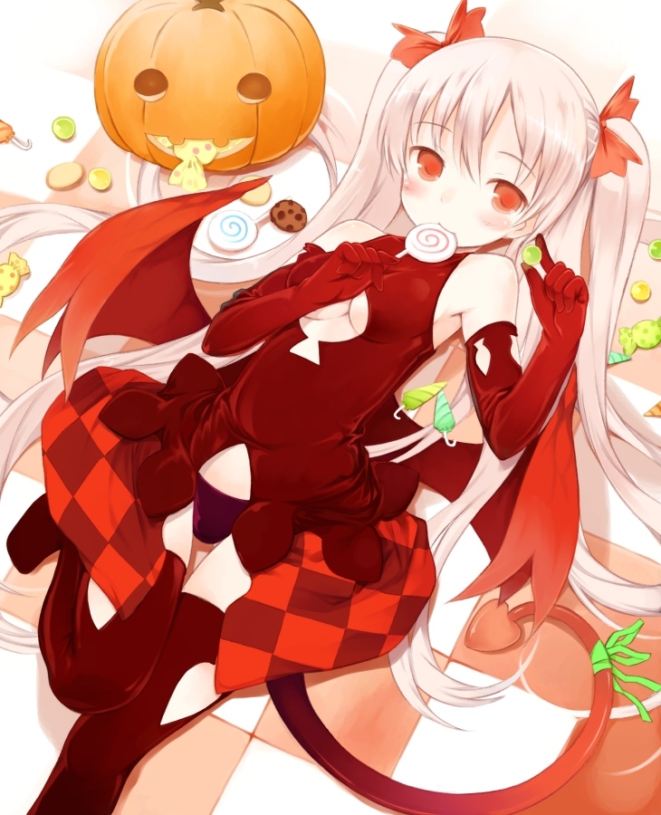 kurasuke, kurasuke's demon girl, original, 1girl, blush, candy, cleavage cutout, clothing cutout, demon tail, elbow gloves, female focus, food, gloves, hair ribbon, halloween, jack-o'-lantern, licking, lollipop, looking at viewer, lying, on back, panties, pink hair, pumpkin, purple panties, red eyes, ribbon, solo, swirl lollipop, tail, thighhighs, twintails, underwear, wings