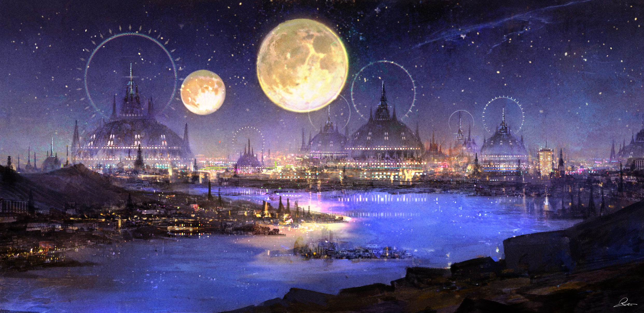 kurasuta, original, commentary, commentary request, concept art, english commentary, highres, mixed-language commentary, black sky, city, city lights, dome, full moon, moon, multiple moons, night, no humans, outdoors, reflection, reflective liquid, river, scenery, signature, sky, star (sky), starry sky