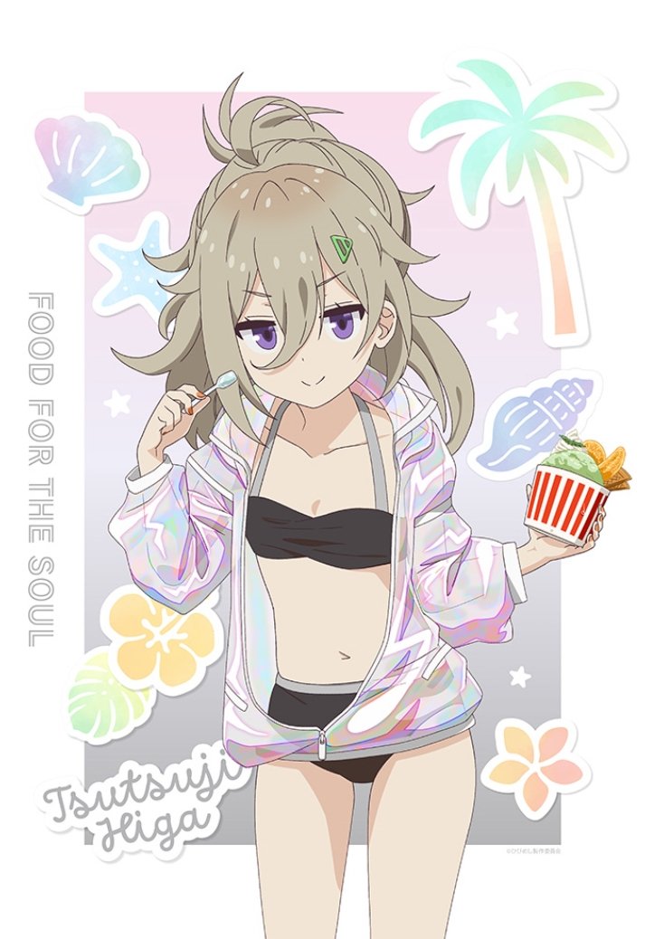 higa tsutsuji, hibi wa sugiredo meshi umashi, artist request, hashtag-only commentary, third-party source, 1girl, alternate costume, bikini, bikini under clothes, black bikini, bra, breasts, character name, closed mouth, collarbone, copyright name, cowboy shot, food, foot out of frame, front-tie top, grey hair, hair between eyes, hair ornament, hairclip, hand up, holding, holding food, holding spoon, ice cream, jacket, long hair, long sleeves, looking at viewer, medium breasts, navel, open clothes, open jacket, purple eyes, see-through clothes, sidelocks, simple background, smile, solo, spoon, standing, stomach, swimsuit, underwear