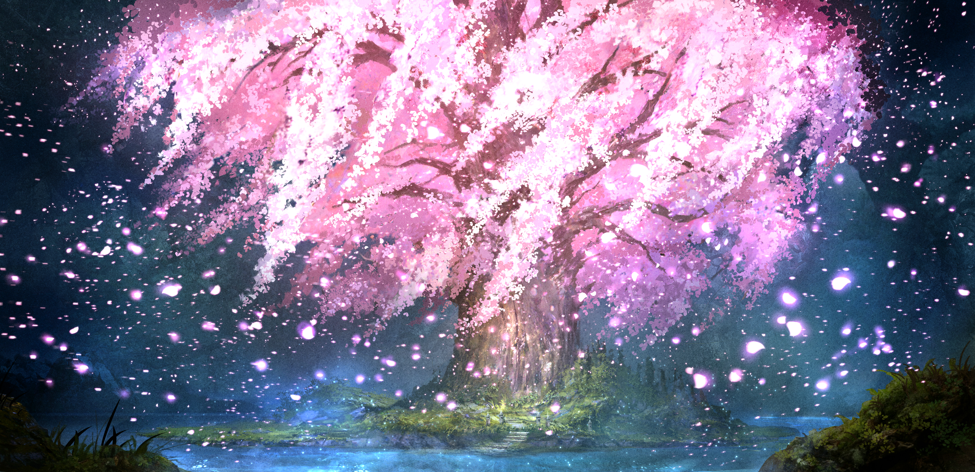 kurasuta, original, absurdres, commentary request, concept art, highres, cherry blossoms, falling petals, nature, no humans, petals, plant, plant focus, scenery, tree