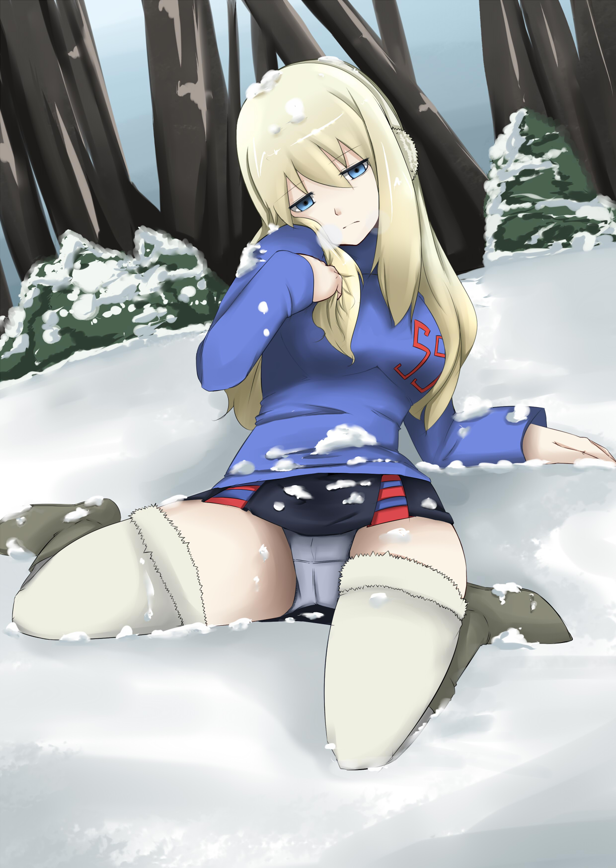 tirasi (so), tanya (darker than black), tanya akulova, darker than black, bad id, bad pixiv id, highres, 00s, 1girl, blonde hair, blue eyes, blue hair, boots, earmuffs, empty eyes, female focus, head tilt, long hair, matching hair/eyes, outdoors, panties, pantyshot, skirt, snow, solo, thighhighs, underwear, upskirt, white panties, zettai ryouiki