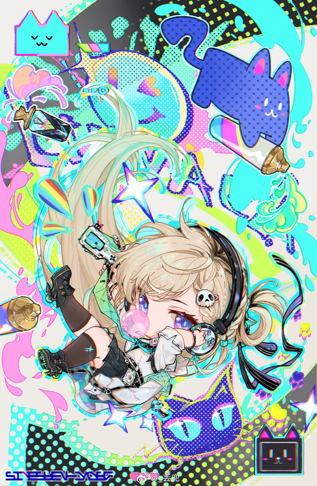 lynae (wuthering waves), wuthering waves, highres, 1girl, aqua necktie, arm up, black shoes, black skirt, black socks, blonde hair, blowing bubble gum, blue pupils, braid, braided bangs, breasts, chewing gum, chibi, chibi only, chromatic aberration, diudou, floating hair, graffiti, hair floating upwards, hair ornament, headphones, holding, id card, jacket, long hair, looking at viewer, medium breasts, missing commentary, multicolored hair, necktie, purple eyes, shirt, shoes, skirt, skull hair ornament, socks, solo, spray can, streaked hair, white jacket, white shirt