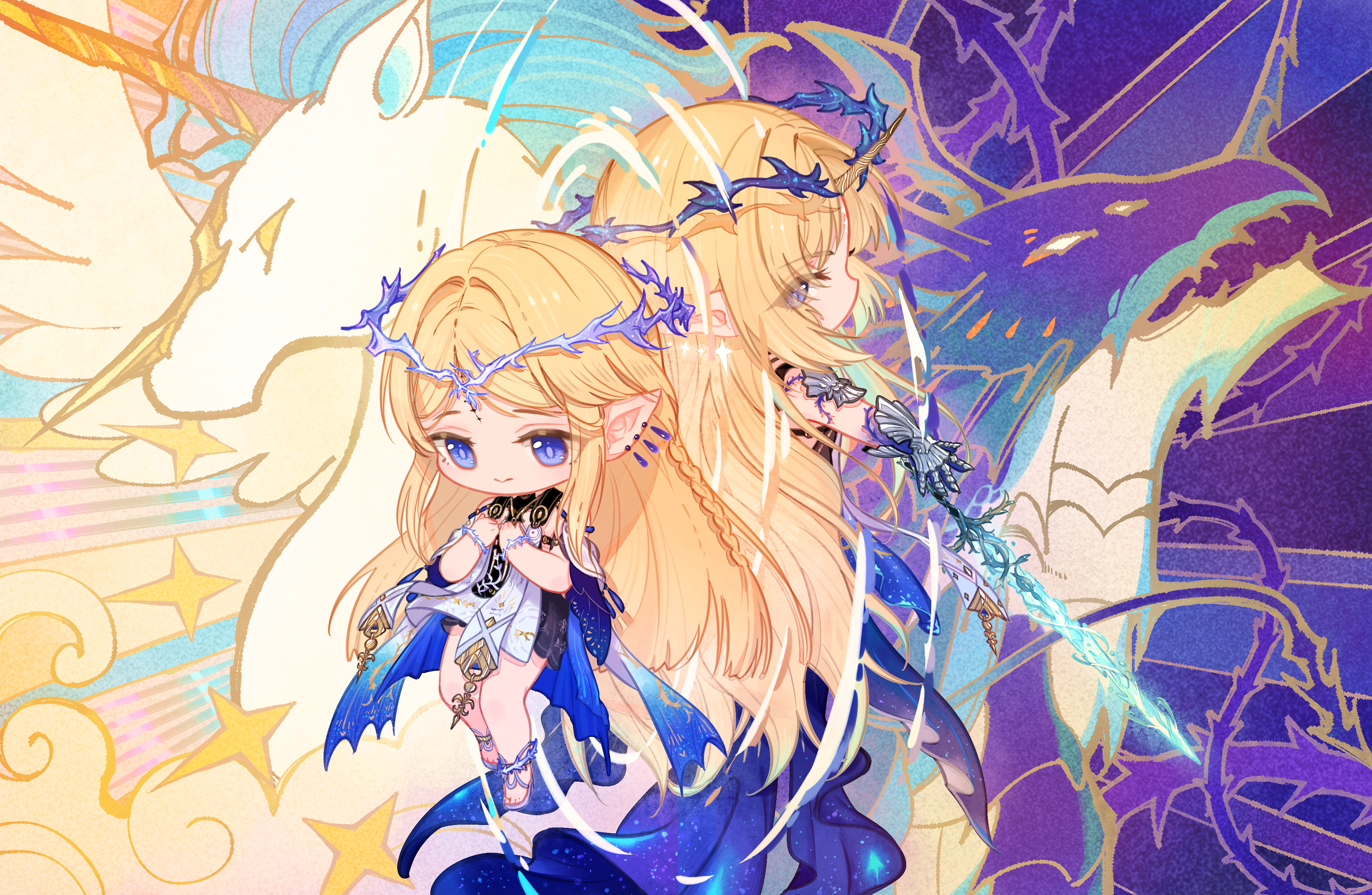cartethyia (wuthering waves), fleurdelys (wuthering waves), wuthering waves, absurdres, chinese commentary, commentary request, highres, 2girls, black collar, black dress, blonde hair, blue eyes, chibi, chibi only, closed mouth, collar, crown of thorns, diudou, dress, dual persona, earrings, holding, holding sword, holding weapon, horns, jewelry, long hair, multiple girls, outstretched arm, pointy ears, sidelocks, single horn, sword, tabard, tacet mark (wuthering waves), very long hair, watermark, weapon, weibo watermark, white tabard, yellow horns