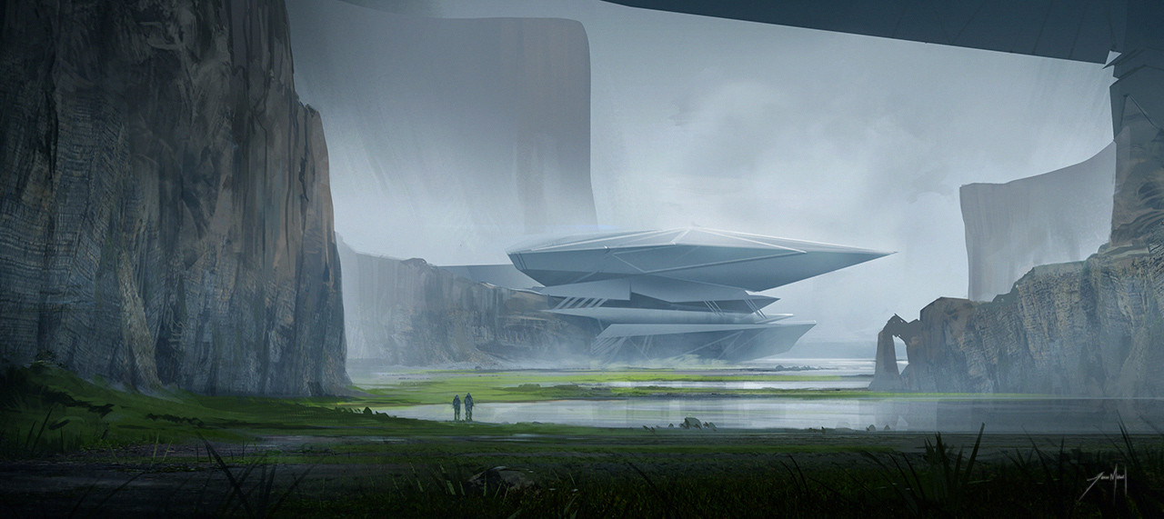 jjcanvas, original, commentary, english commentary, building, cloud, cloudy sky, fog, grass, lake, landscape, mountain, painterly, scenery, science fiction, signature, sky, valley