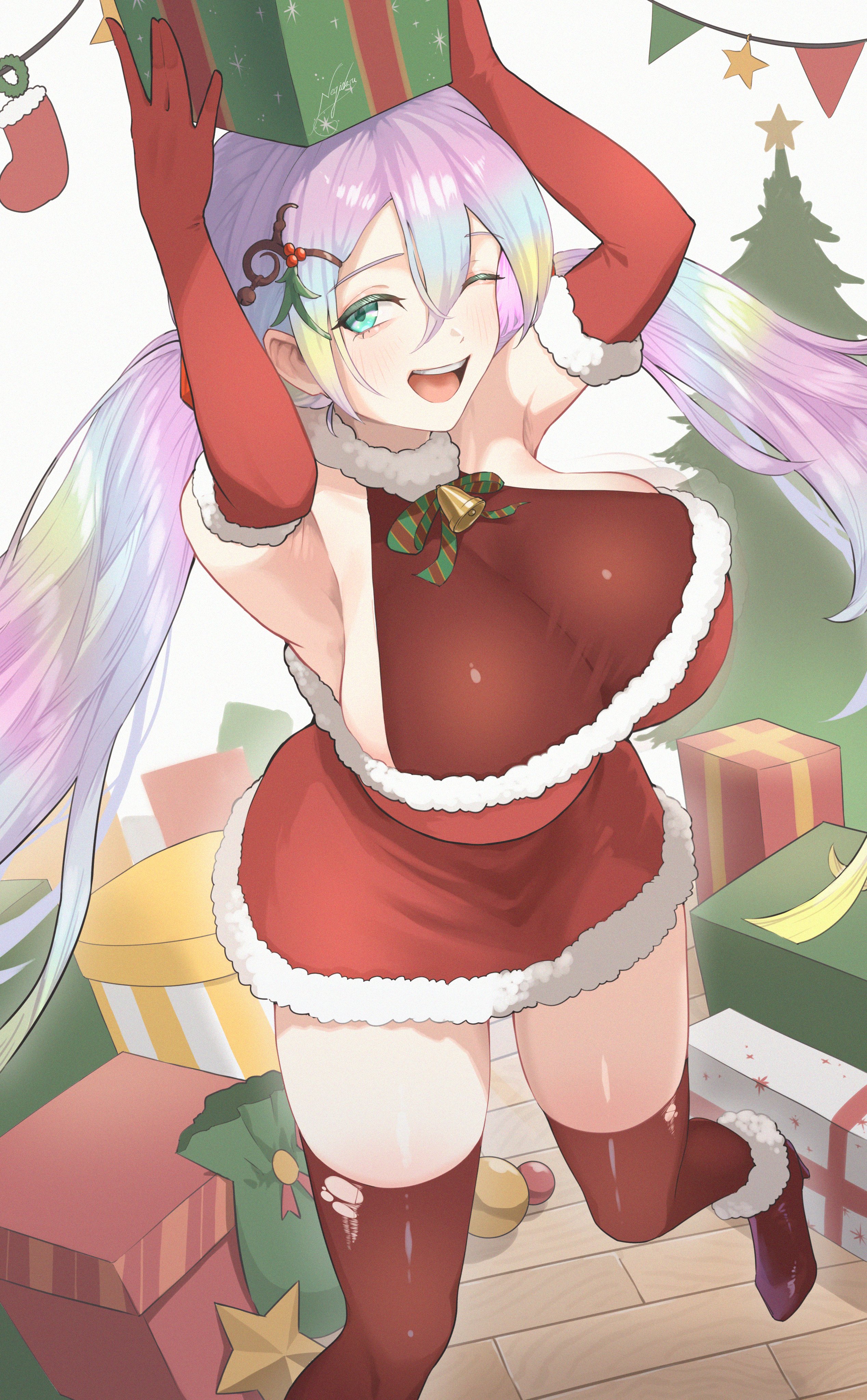 negidesu1105, cupitan (granblue fantasy), granblue fantasy, absurdres, commentary request, highres, 1girl, box, breasts, christmas, christmas ornaments, christmas tree, dress, elbow gloves, fur-trimmed dress, fur trim, gift, gift box, gloves, gradient hair, large breasts, long hair, looking at viewer, low twintails, merry christmas, multicolored hair, one eye closed, open mouth, rainbow hair, red gloves, sack, santa costume, santa dress, sideboob, smile, solo, twintails