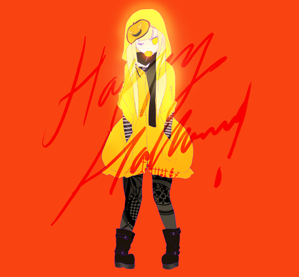 kaninn, original, bad id, bad pixiv id, 1girl, blonde hair, candy, female focus, food, halloween, happy halloween, hood, lollipop, one eye closed, orange background, pantyhose, solo, swirl lollipop, wink, yellow eyes