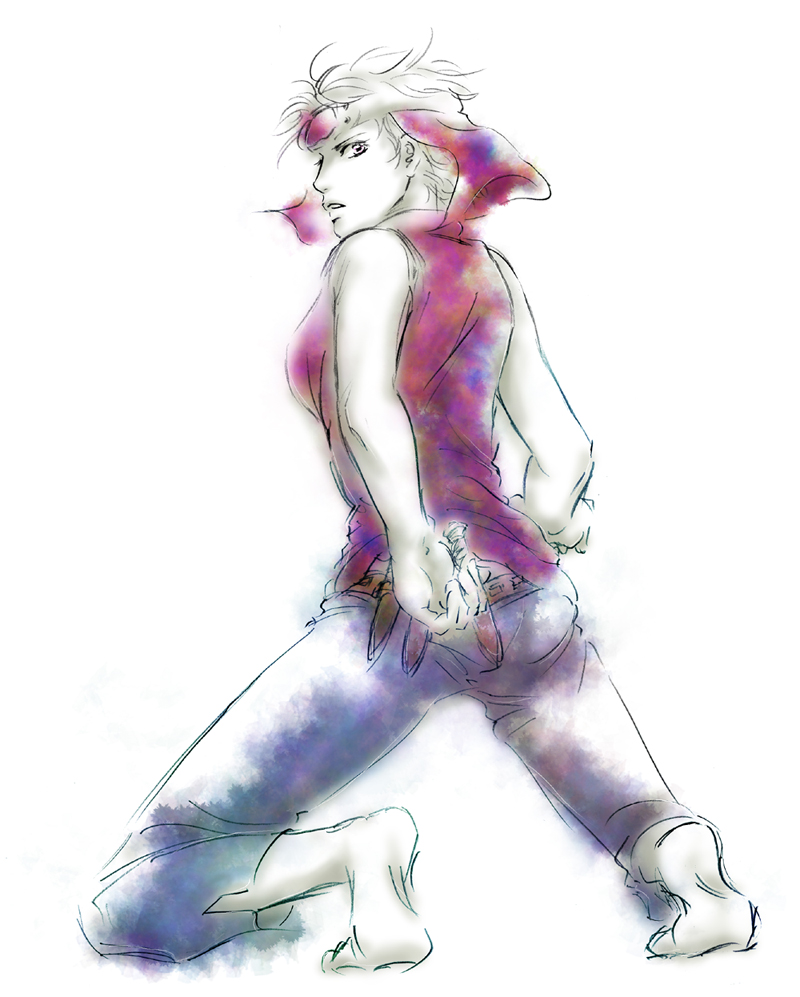 cleo, gensou suikoden, gensou suikoden i, 1girl, barefoot, breasts, circlet, female focus, full body, gradient background, hip focus, knife, partially colored, short hair, solo, white background