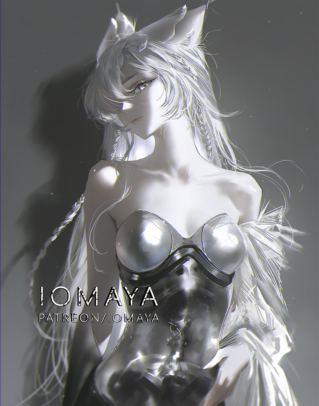 nixeu, commentary, english commentary, highres, tagme, 1girl, animal ears, patreon username, solo, white hair