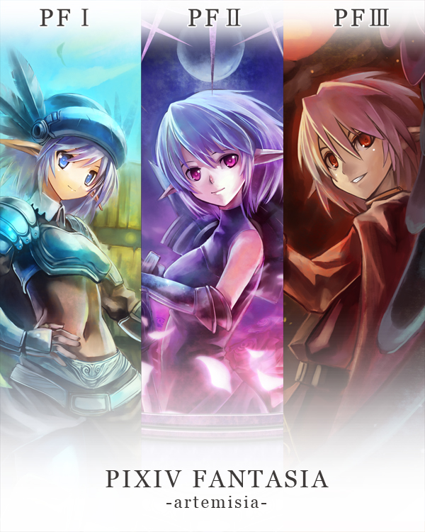 edobox, artemisia (pixiv fantasia), pixiv fantasia, pixiv fantasia 2, pixiv fantasia 3, 1girl, bare shoulders, blue eyes, blue hair, cape, feathers, gauntlets, grin, midriff, pointy ears, smile