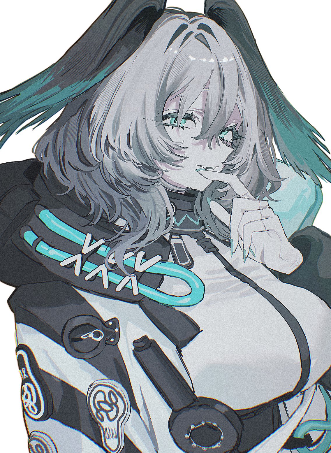 ra aizz, ho'olheyak (arknights), arknights, commentary request, highres, 1girl, aqua feathers, aqua nails, aqua wings, coat, half-closed eyes, head wings, multicolored coat, portrait, snake girl, two-tone coat, two-tone feathers, two-tone wings, wings