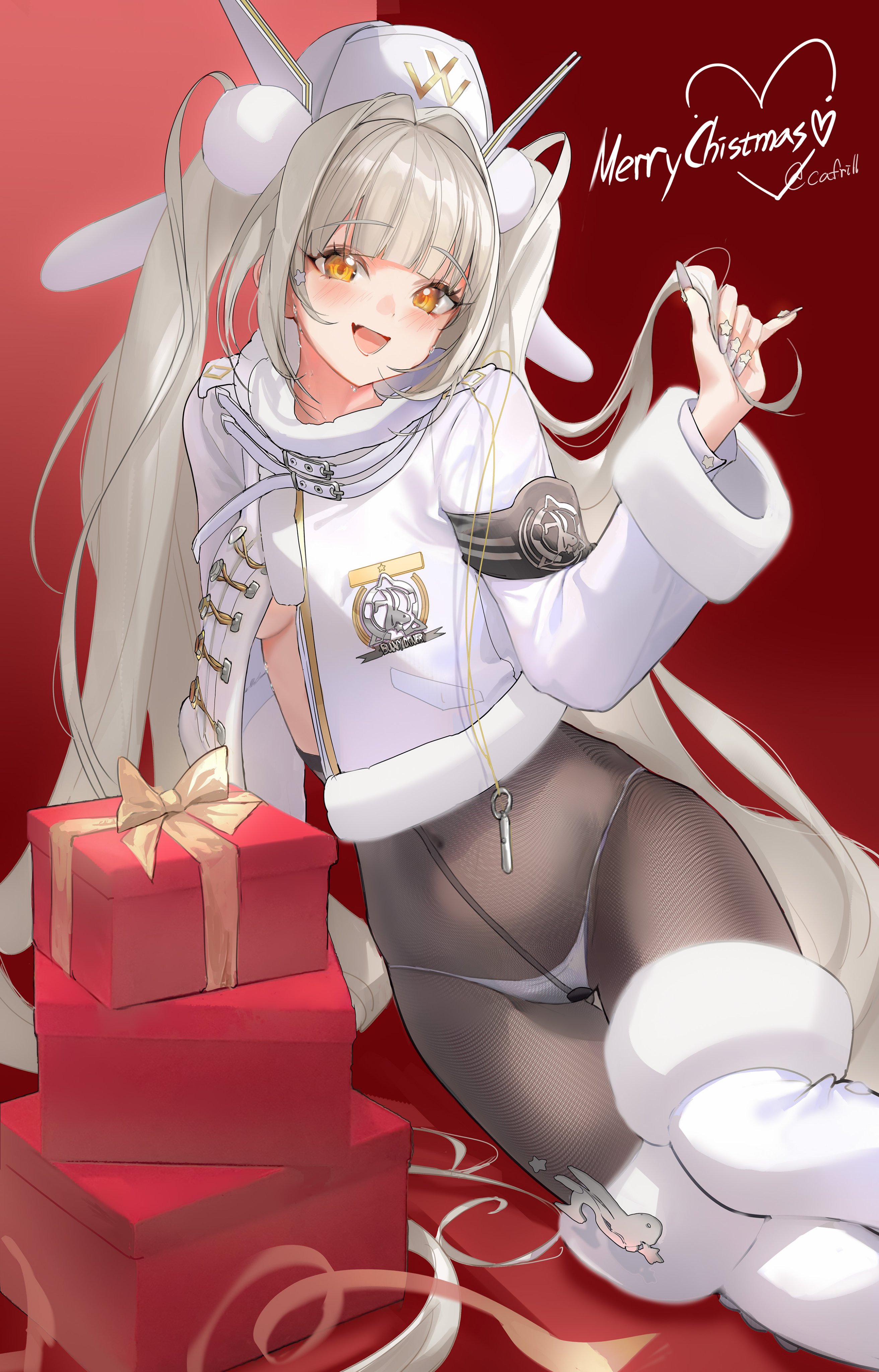 mibe (goforit mibe), blanc (fortune express) (nikke), blanc (nikke), goddess of victory: nikke, absurdres, commentary, commentary request, english commentary, highres, korean commentary, mixed-language commentary, :d, armband, black armband, boots, box, breasts, christmas, coat, covered navel, english text, fur-trimmed boots, fur-trimmed collar, fur-trimmed headwear, fur-trimmed sleeves, fur trim, gift, gift box, hat, high-waist pantyhose, long hair, merry christmas, official alternate costume, official alternate hairstyle, open mouth, panties, panties under pantyhose, pantyhose, red background, see-through pantyhose, smile, split-color clothes, underboob, underwear, very long hair, white boots, white hair, white hat, winter clothes, winter coat, yellow eyes