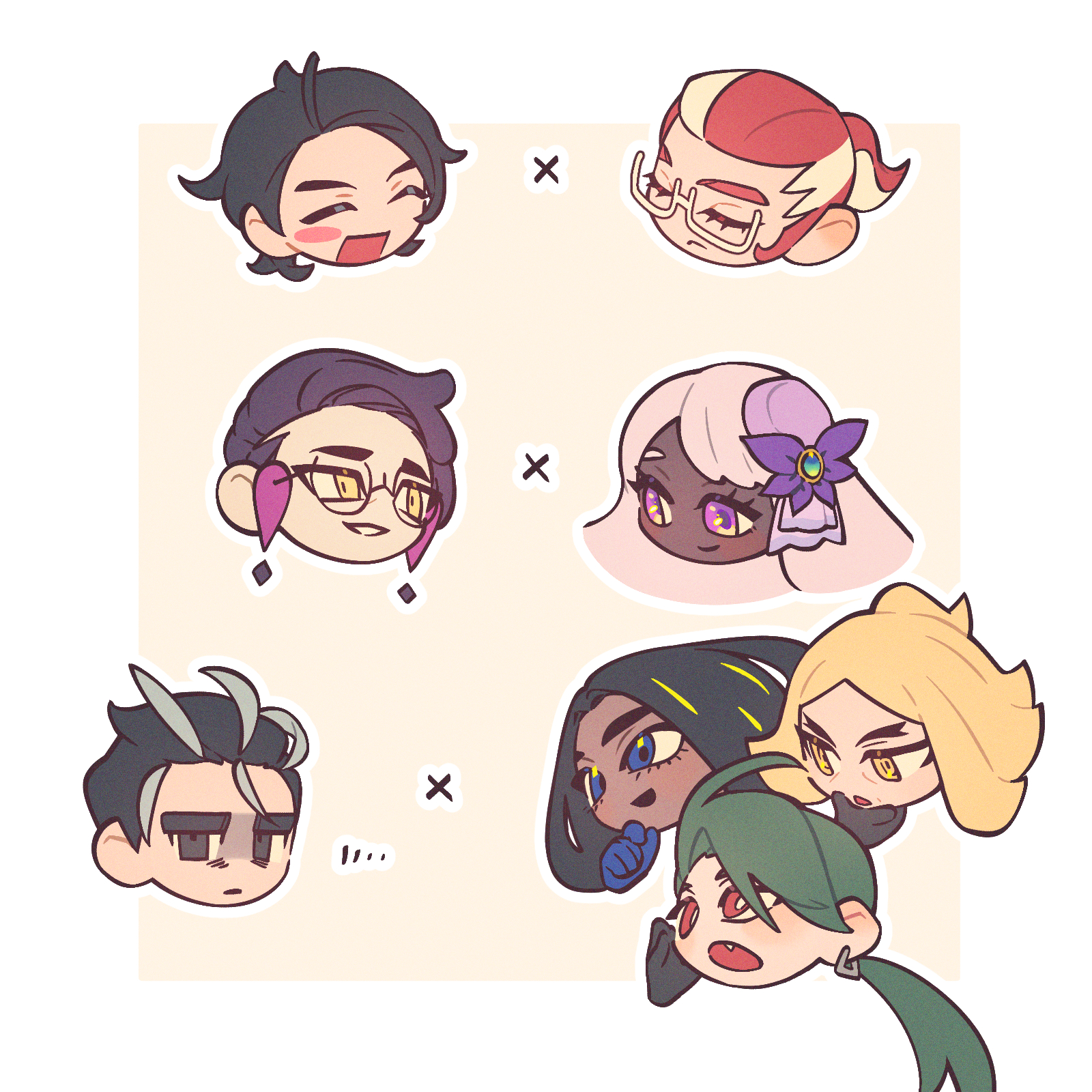 rumong, corbeau (pokemon), geeta (pokemon), grisham (pokemon), hassel (pokemon), jacinthe (pokemon), larry (pokemon), paxton (pokemon), rika (pokemon), nintendo, pokemon, pokemon legends: z-a, pokemon sv, commentary request, highres, korean commentary, 3girls, 5boys, :d, black hair, blonde hair, blue eyes, blush stickers, closed eyes, closed mouth, dark-skinned female, dark skin, earrings, eyelashes, fang, glasses, gloves, green hair, grin, head only, jewelry, long hair, multicolored hair, multiple boys, multiple girls, open mouth, single blush sticker, smile, tilted headwear, two-tone hair, yellow eyes