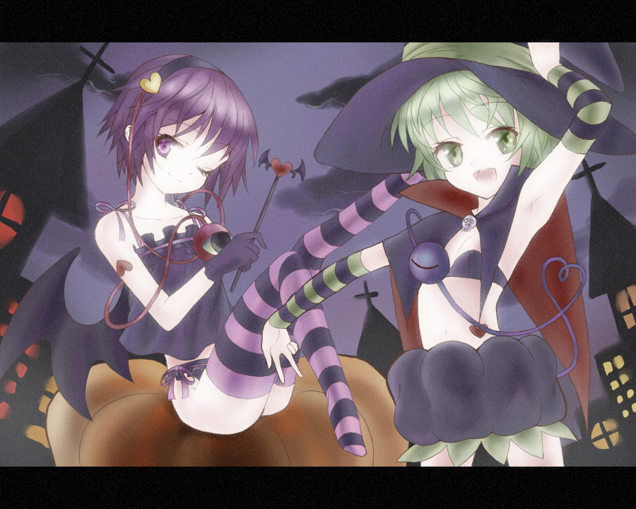 creamfully, komeiji koishi, komeiji satori, touhou, bad id, bad pixiv id, 2girls, female focus, green eyes, green hair, hairband, halloween, hat, heart, multiple girls, pumpkin, purple eyes, purple hair, short hair, siblings, sisters, thighhighs, wings