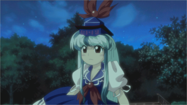 aki eda, kamishirasawa keine, touhou, animated, animated gif, !?, 1girl, ?, annoyed, blush stickers, bow, brown eyes, cloud, dress, female focus, forest, hair bow, hat, long hair, nature, night, official style, parody, short sleeves, sky, solo, style parody, touhou anime project, tree, zun (style)